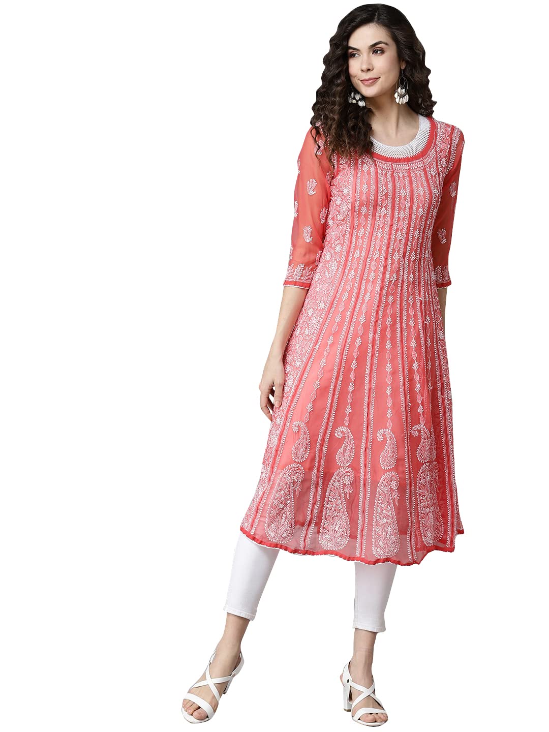 Hand Embroidered Indian Chikankari Traditional Georgette Anarkali Kurta Kurti for Women - Elegant Ethnic Wear for Festivals, Weddings & Special Occasions