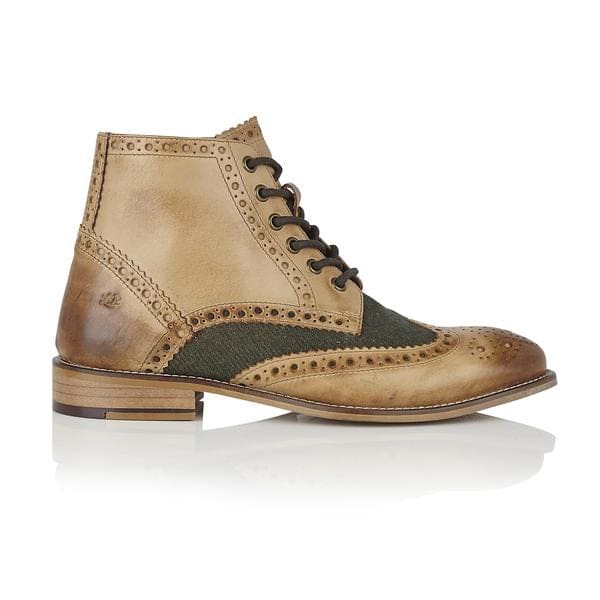 London Brogues Gatsby Boot Tan/Green Tweed Men's Boots - Stylish Vintage Leather Dress Shoes for Formal Occasions & Business Events