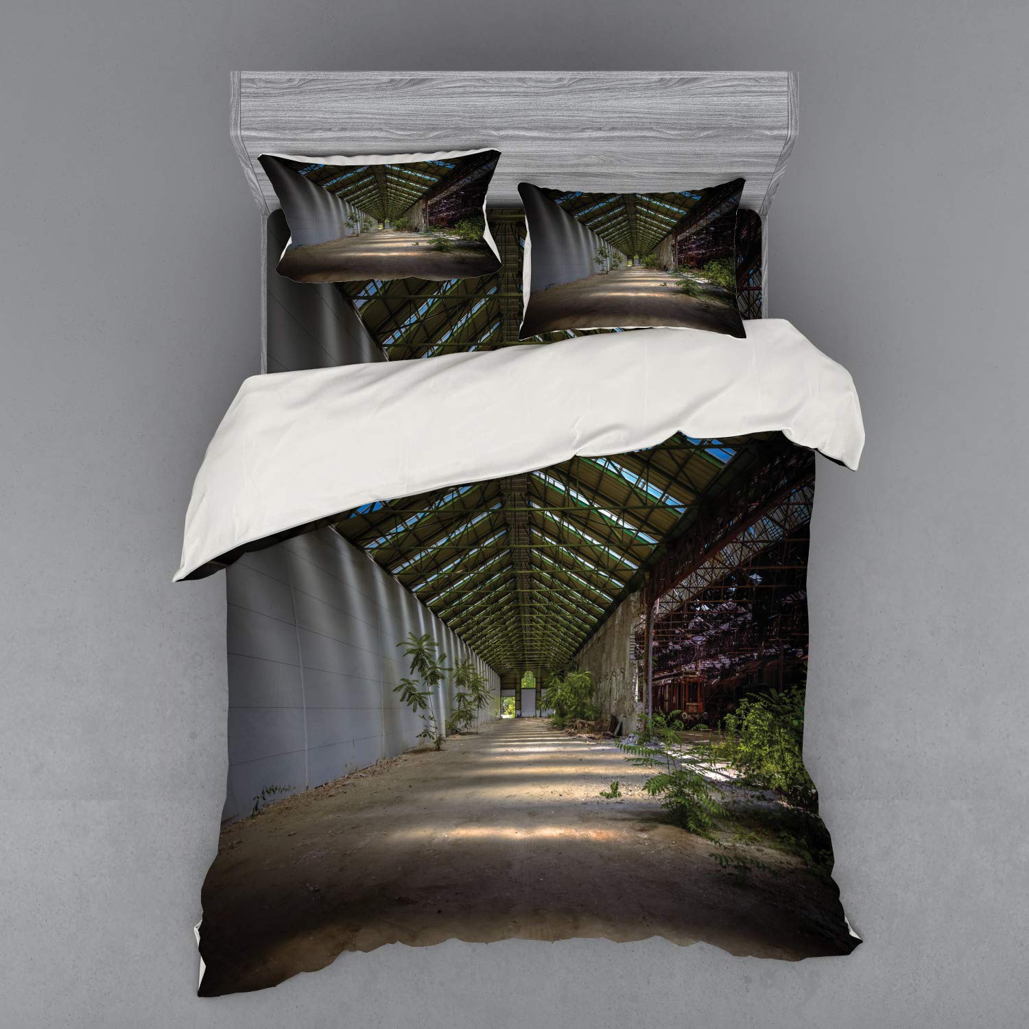 Ambesonne Rustic Duvet Cover Set - 4 Piece Queen Size Bedding with Shams & Fitted Sheet, Grey Green Industrial Greenhouse Plant Print for Urban Farmhouse Decor | Perfect for Cozy Bedrooms & Nature-Inspired Home Styling