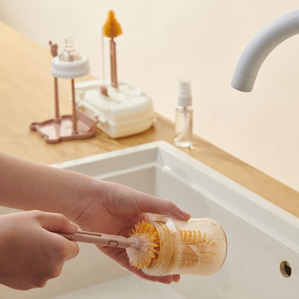 6-in-1 Baby Bottle Drying Rack & Cleaning Set with Silicone Brushes, Soap Dispenser & Storage Box - Perfect for Sterilizing, Drying and Organizing Baby Bottles, Pacifiers and Breast Pump Parts (Brown)