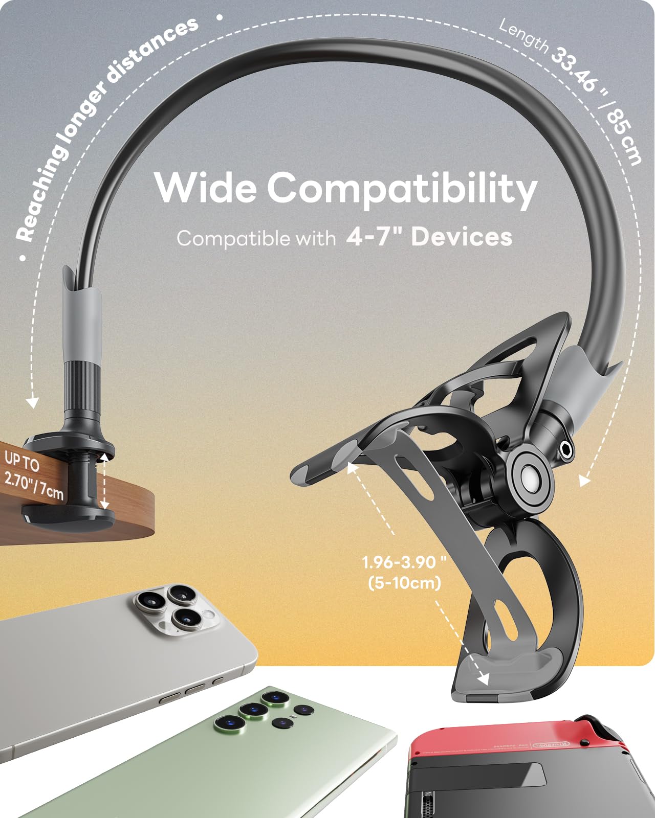 SAIJI Adjustable Gooseneck Phone Holder - Flexible Long Arm Phone Mount for Desk, Clip Stand for iPhone, Samsung, Nintendo Switch - Perfect for Reading, Gaming & Video Calls (Black)
