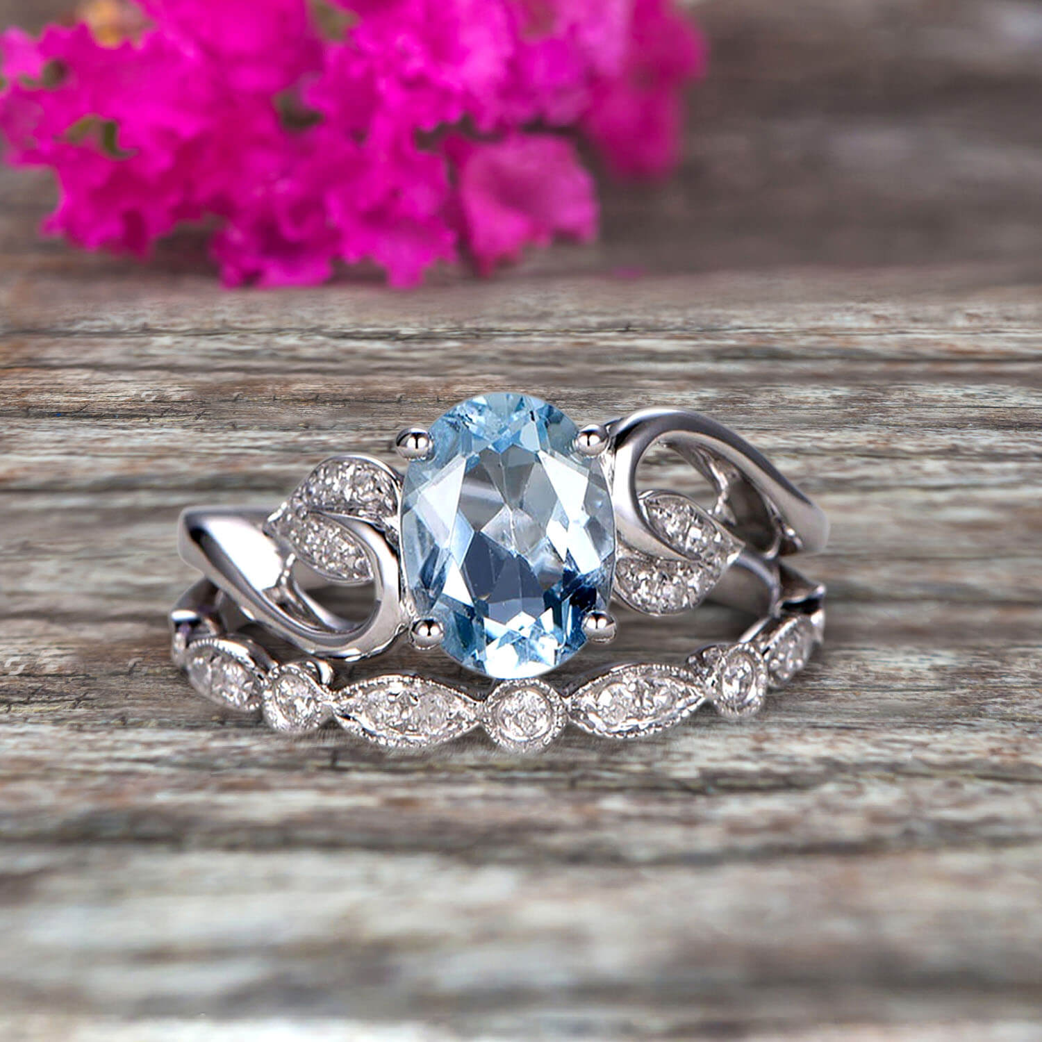 1.50 Carat Oval Aquamarine & Moissanite Wedding Ring Set in 10K White Gold - Vintage Art Deco Bridal Stacking Rings for Engagement, Anniversary & Special Occasions