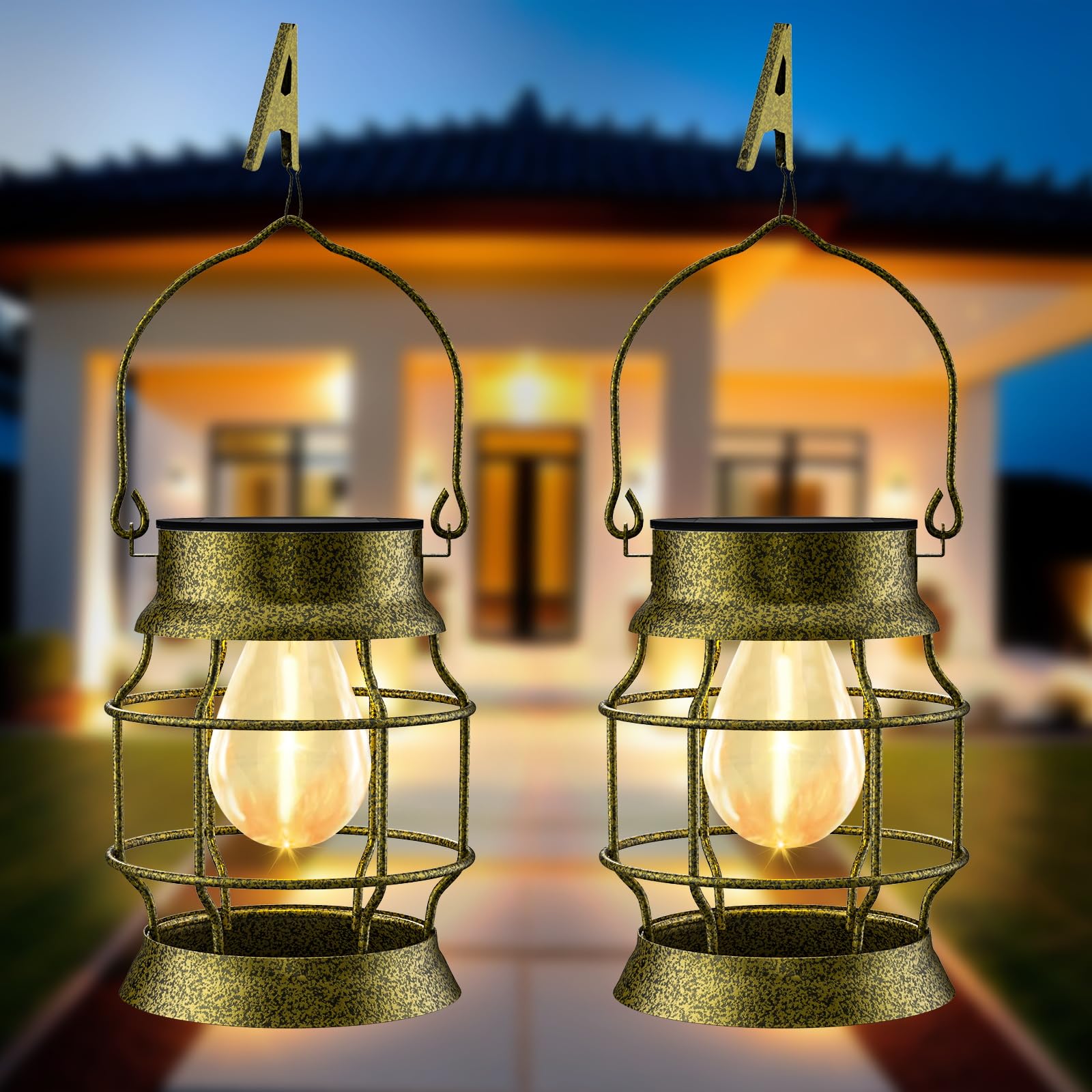 2 Pack Solar Outdoor Hanging Lights - Waterproof Metal Retro Design with Edison Bulb for Patio, Porch, Fence, Garden & Lawn - Solar Powered Decorative Lighting for Outdoor Spaces