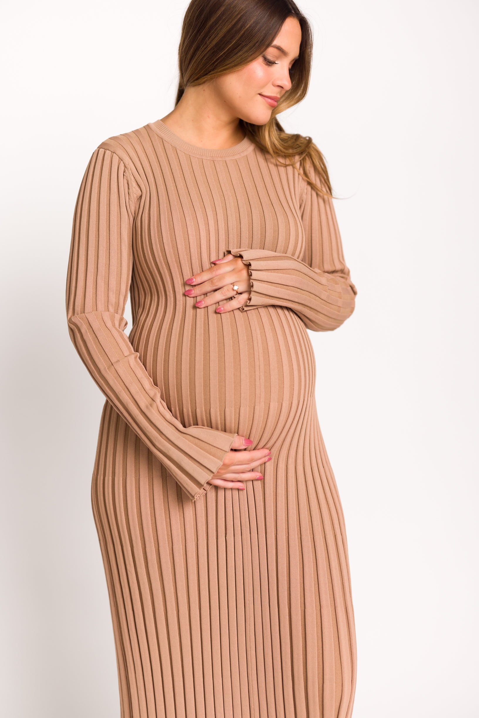 Colette Premium Long Sleeved Ribbed Knit Maxi Dress in Dark Natural - Bump Friendly Maternity Dress for Pregnancy & Nursing | Perfect for Casual Outings, Date Nights & Special Occasions