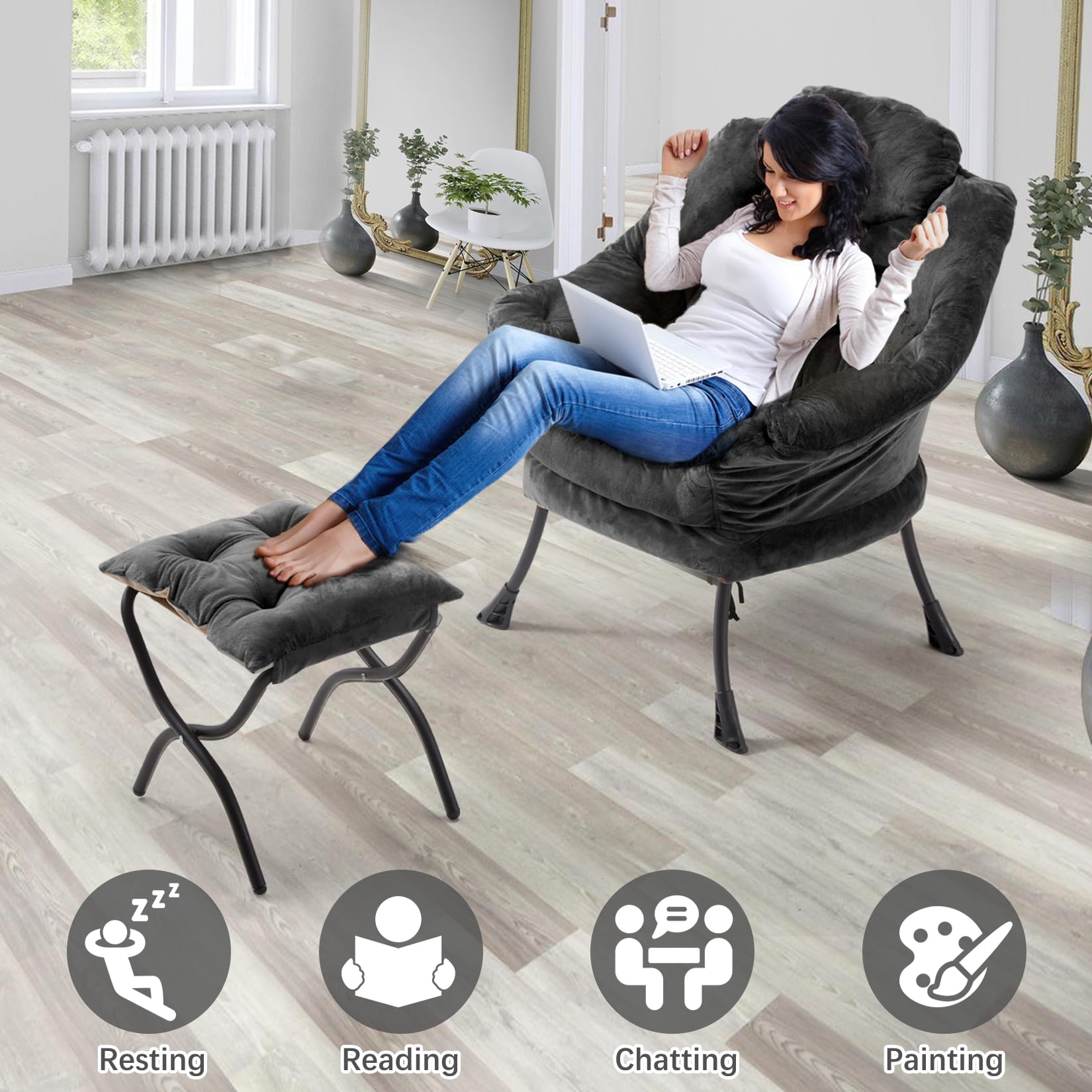 Comfortable Folding Ottoman Lazy Chair - Soft Fabric Armchair with Armrests & Side Pockets, Reclining Reading Chair with Footrest for Living Room, Bedroom, Office - Plush Dark Grey - Perfect for Relaxing, Napping & Lounging at Home