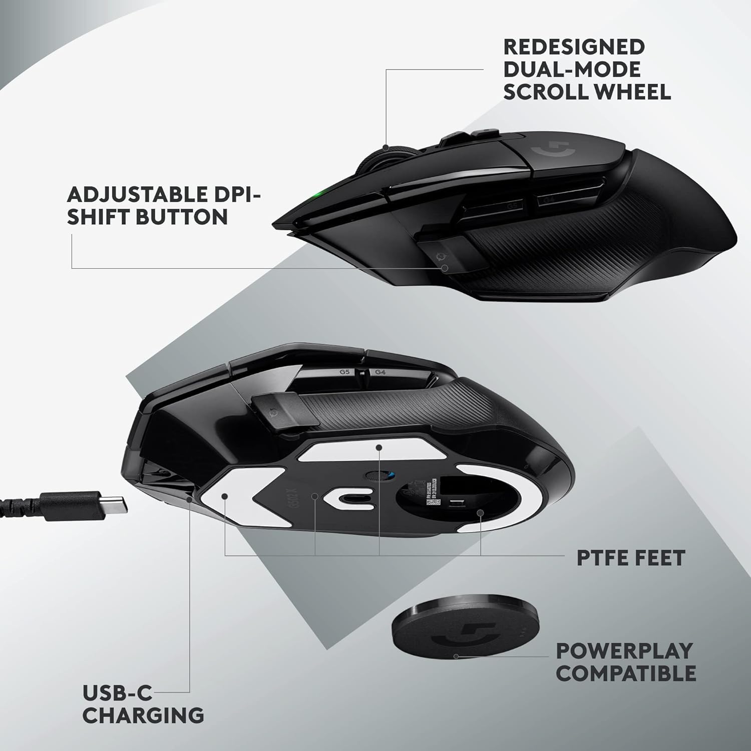 Logitech G502 X Lightspeed Wireless Gaming Mouse - LIGHTFORCE Hybrid Optical-Mechanical Switches, Hero 25K Sensor, PC & Mac Compatible (Windows/macOS) - Black (Renewed) - Perfect for FPS, MOBA & Esports Gaming