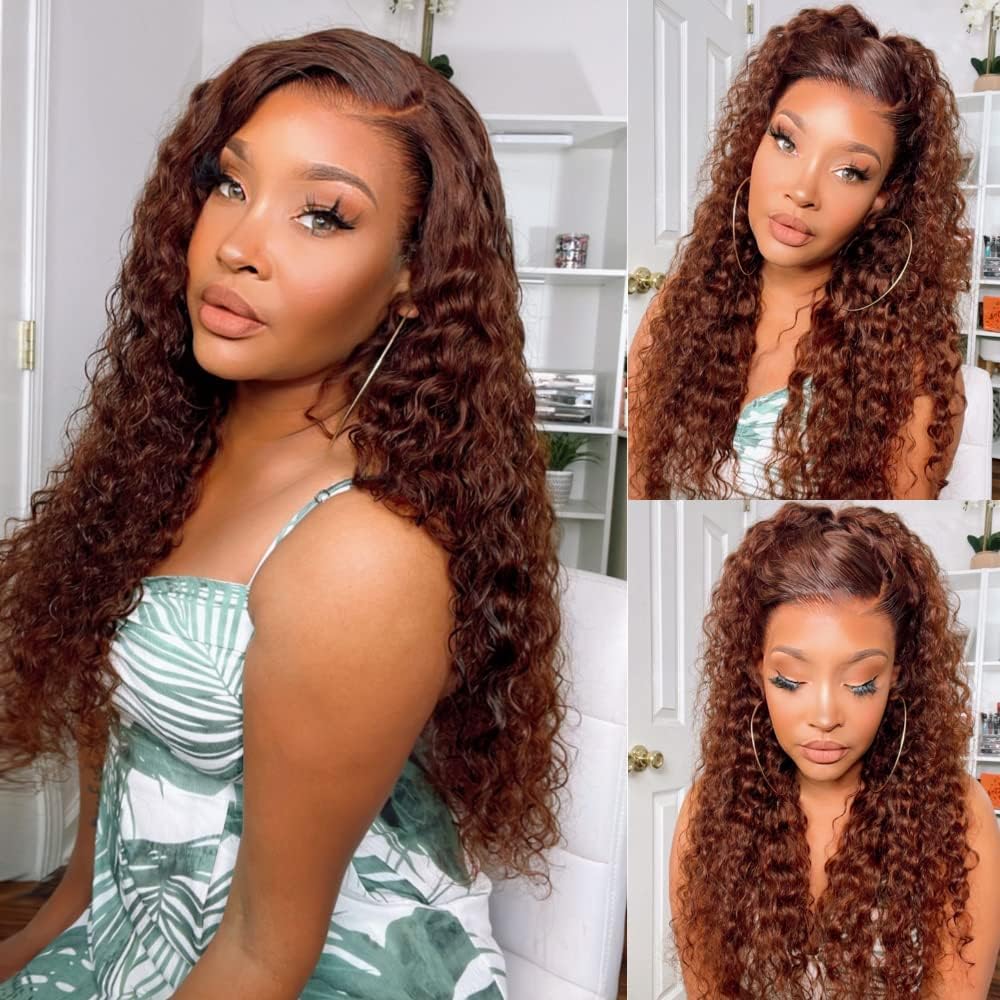 Julia Hair Reddish Brown Water Wave 13x4 Lace Front Wig Human Hair for Women | HD Lace Frontal Wig #33B Auburn Copper Red | Pre-Plucked with Baby Hair | 180% Density | 20 Inch | Perfect for Daily Wear, Cosplay & Special Occasions