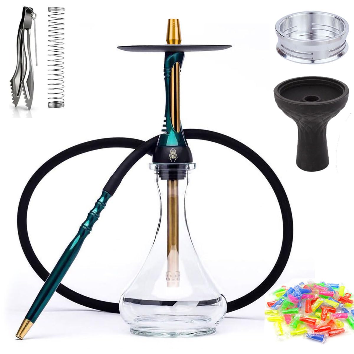 Premium Stainless Steel Hookah Set with Glass Vase, Silicone Bowl & Hose - Complete Shisha Kit with Tongs & Accessories (White) for Home Parties, Lounges & Relaxation