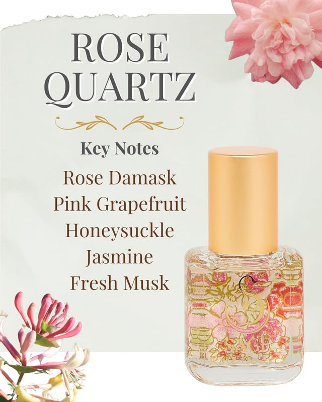 Organic Rose Quartz Perfume Oil Roll-On - 1/4 oz | Vegan, Cruelty-Free Floral Scent with Rose Damask, Honeysuckle & Jasmine | Natural Aromatherapy for Stress Relief & Self-Care Rituals