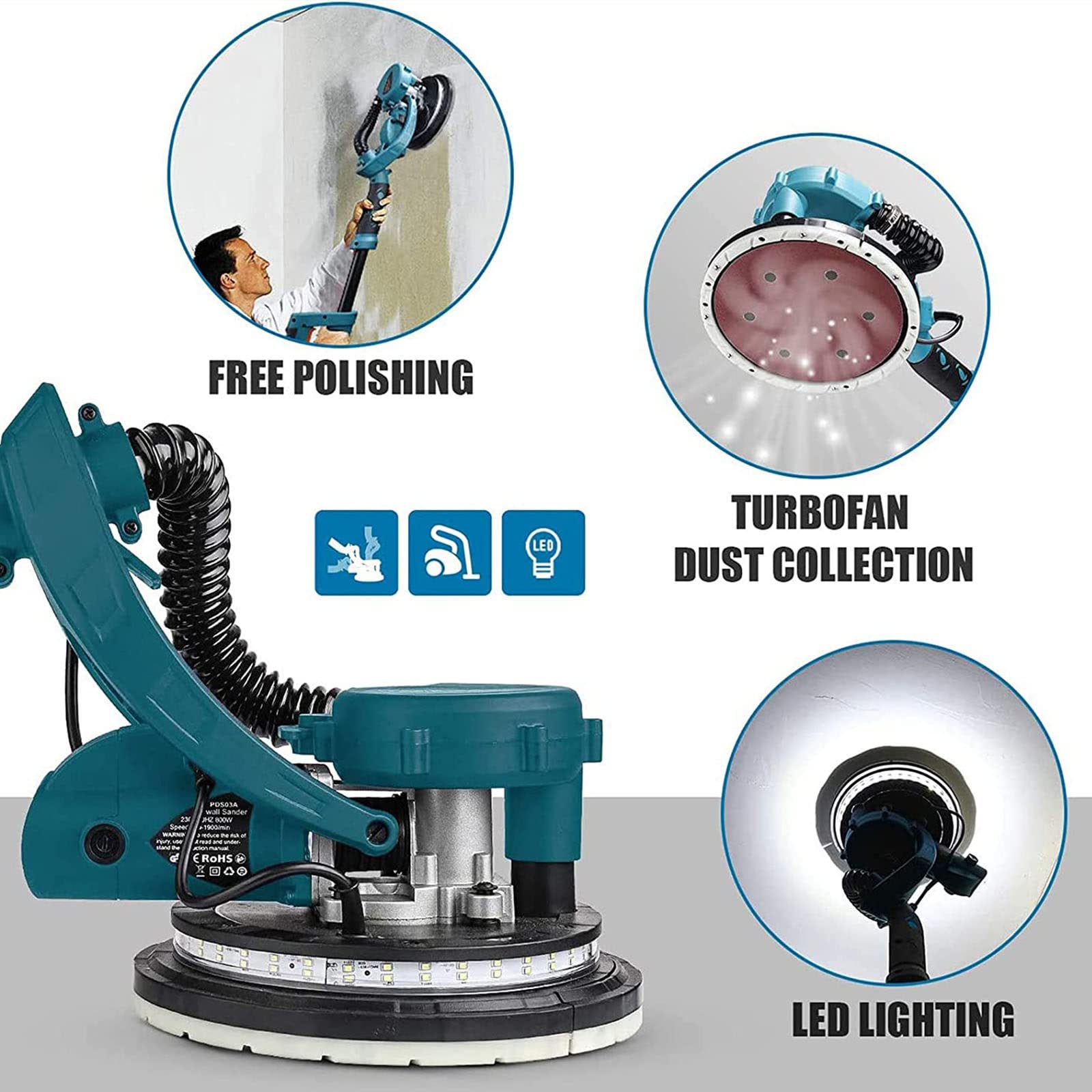 Electric Drywall Sander with Vacuum Auto Dust Collection - 1000-2100 RPM Variable Speed, LED Strip Light & Vacuum Bag - Perfect for Home Renovation, Wall Repair and Professional Sheetrock Sanding