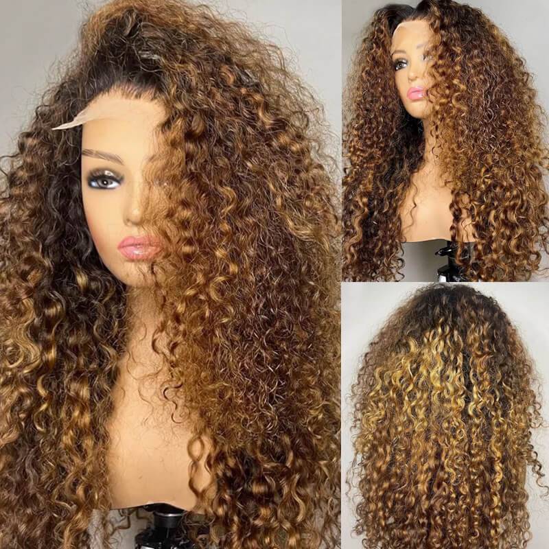 Eullair Ombre 1B/30 Brown Highlights Curly Human Hair Wig with 1B Roots Lace Frontal - Natural Look for Cosplay, Daily Wear & Special Occasions