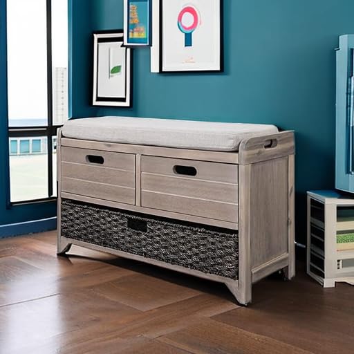 Softsea Upholstered Storage Bench with Removable Basket & 2 Drawers - Farmhouse Entryway Shoe Bench with Seat Cushion, White Wash - Perfect for Entryway, Living Room, Bedroom Storage & Seating (Fully Assembled)