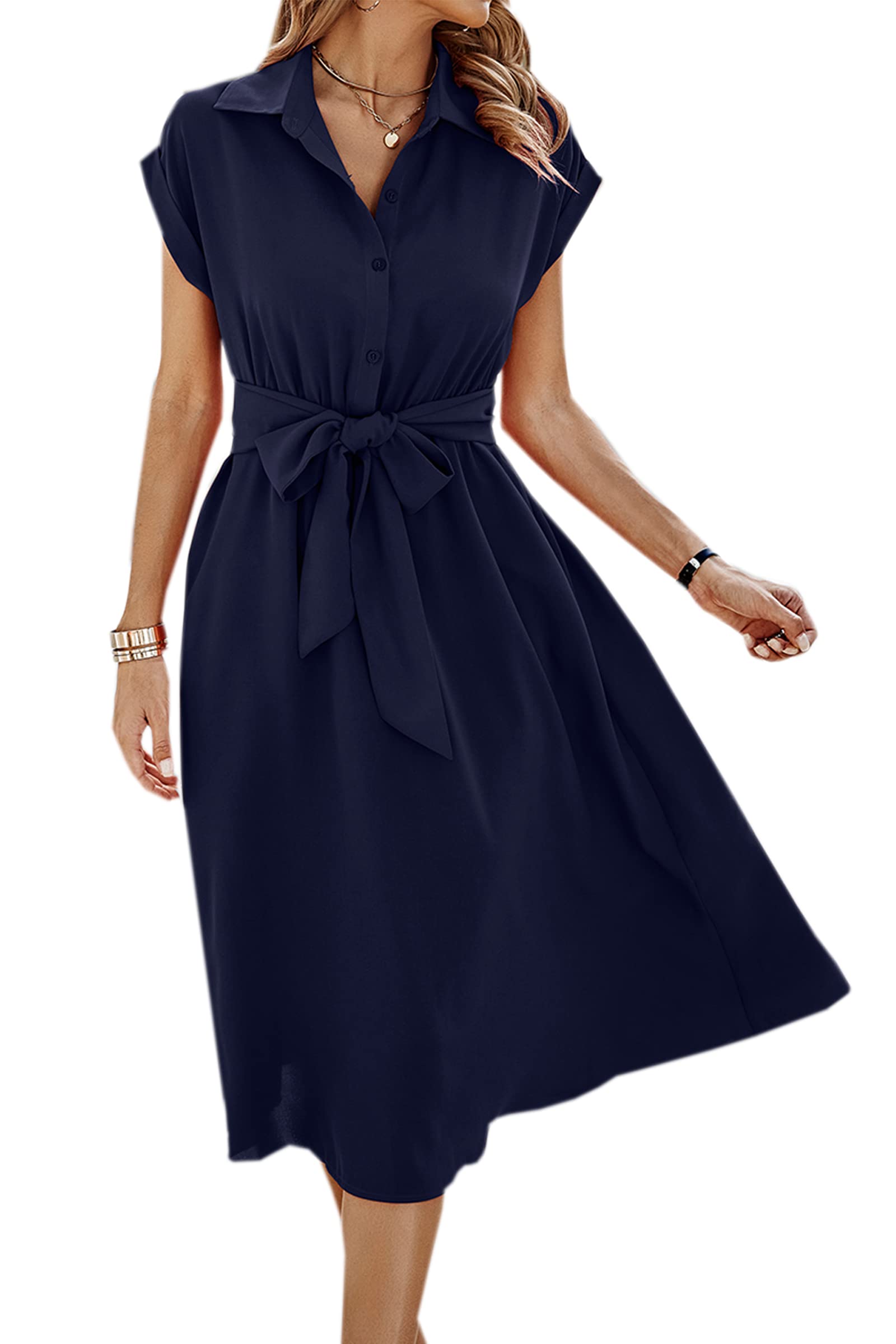 ECOWISH Women's Casual Midi Dress - Solid V-Neck Short Sleeve Button Down Shirt Dress with Belt & Pockets | Spring Summer 2025 Fashion | Perfect for Office, Date Night & Weekend Outings