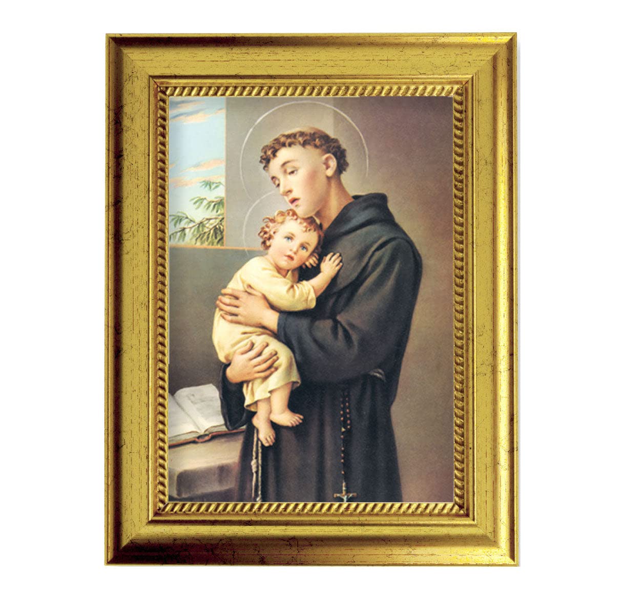 St. Anthony Religious Wall Art - Antique Gold Leaf Framed Picture with Rope Detailing - Perfect for Home, Office & Church Decor