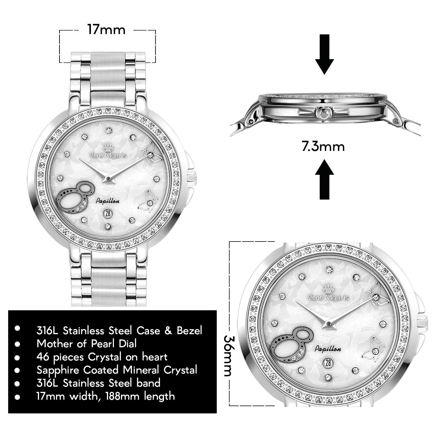 René Mouris Papillon Women's Luxury Watch - 36mm 316L Stainless Steel Case, Sapphire Coated Crystal, 50M Waterproof with Matching Steel Band | Elegant Dress Watch for Office, Parties & Special Occasions