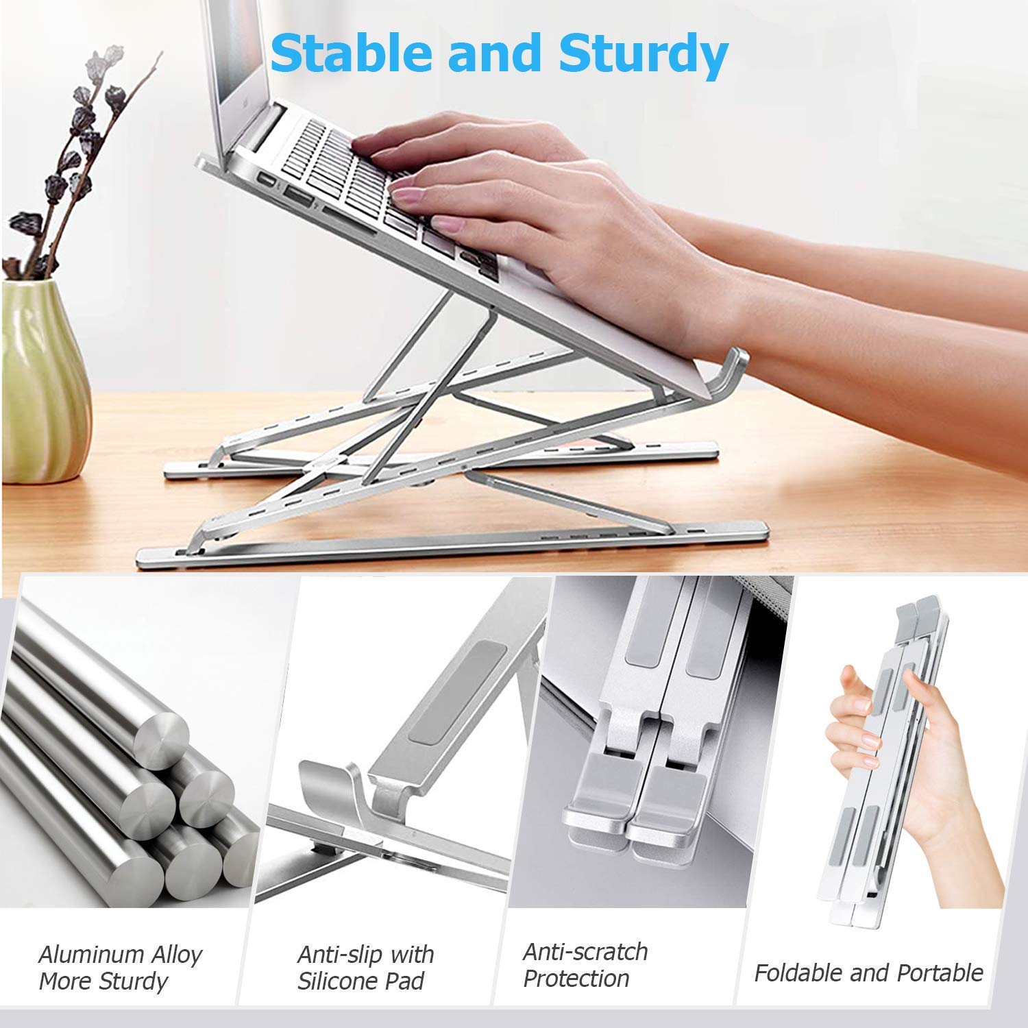 Premium Aluminum Laptop Stand for Desk - Ergonomic & Stable MacBook Pro Stand for 12-17 inch Laptops - Computer Riser with Cooling Function for MacBook Air/Pro, HP, Dell & More Notebooks (Light Silver) - Perfect for Home Office, Gaming & Workspace Setup