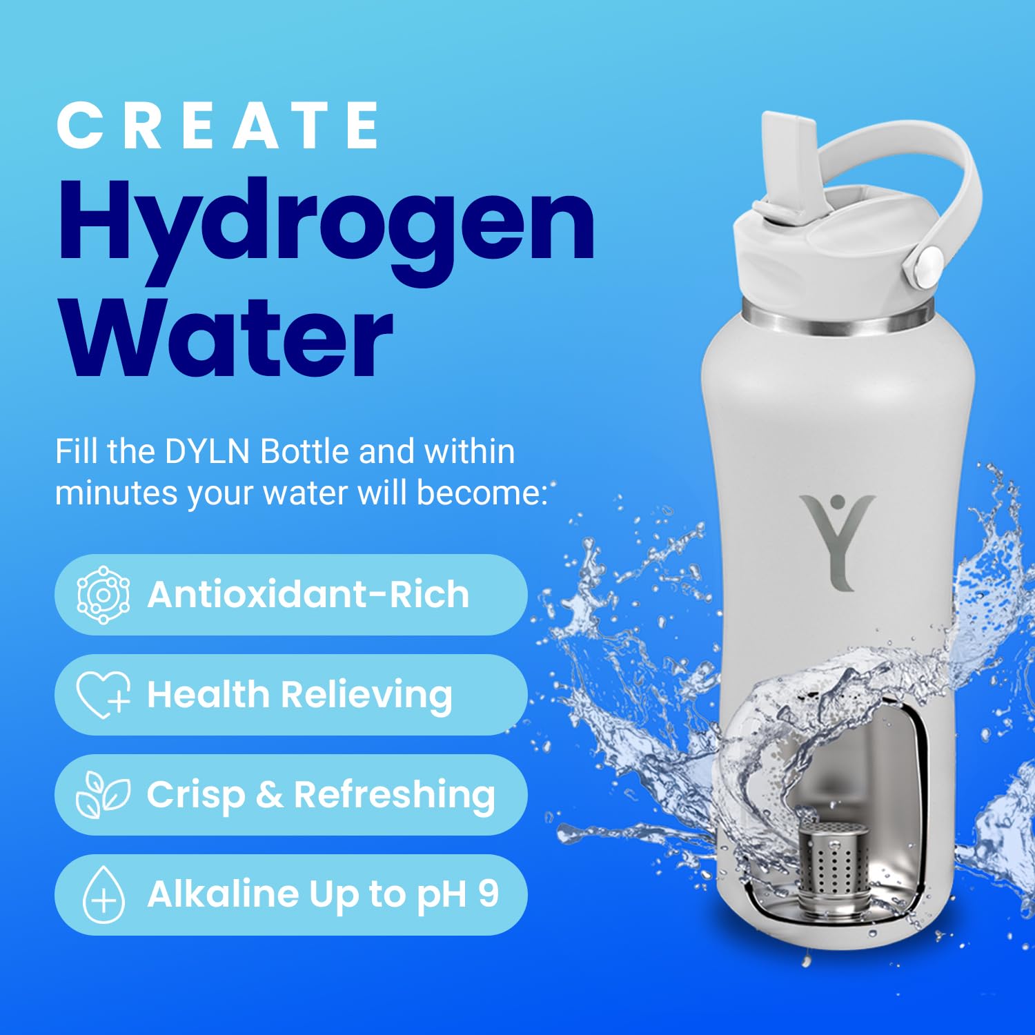 DYLN Alkaline Water Bottle - Portable Hydrogen Water Generator with 9.5 pH Alkaline Water | Vacuum Insulated Stainless Steel Bottle Keeps Drinks Cold 24 Hours | Perfect for Gym, Hiking & Daily Hydration