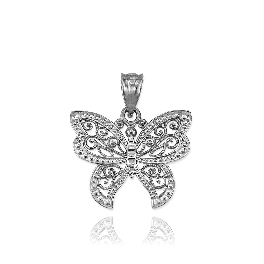 10K White Gold Filigree Butterfly Charm Necklace for Women - Elegant Jewelry Gift for Birthday, Anniversary & Special Occasions