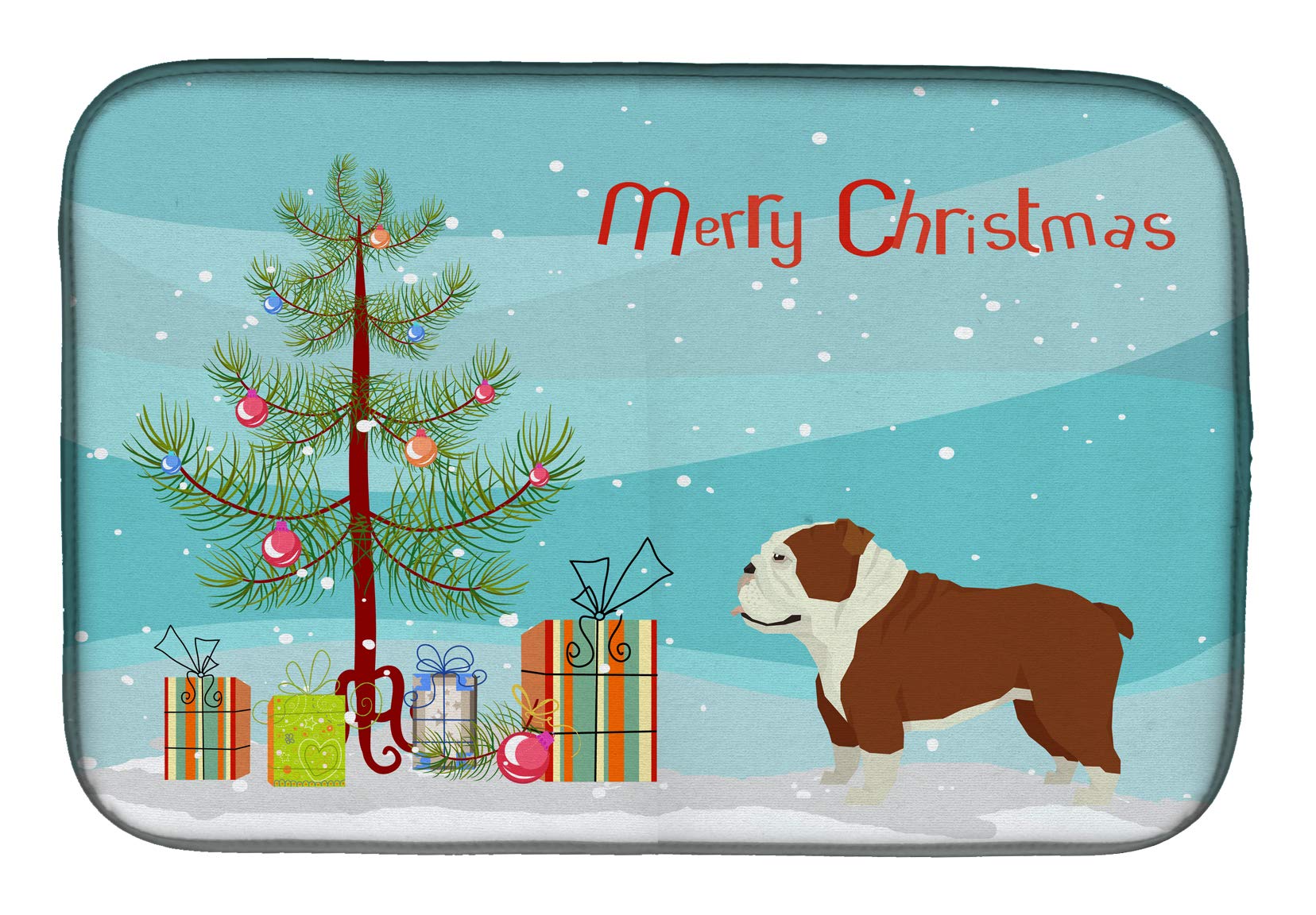 English Bulldog Christmas Tree Dish Drying Mat - Absorbent Kitchen Counter Mat for Dishes | 14 x 21 Inch Multicolor | Perfect for Holiday Kitchen Decor & Countertop Protection