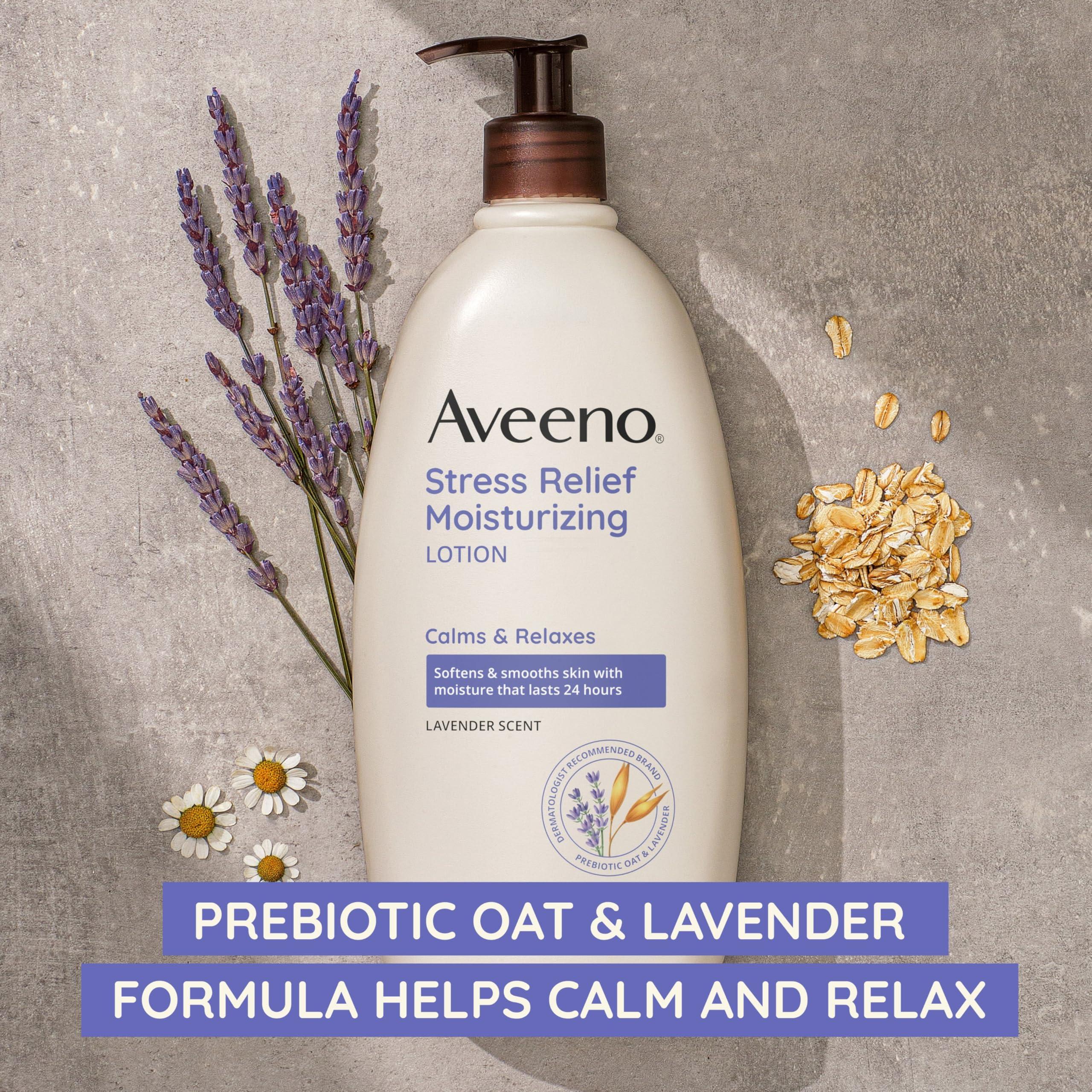 Aveeno Stress Relief Moisturizing Body Lotion with Lavender & Prebiotic Oat - Calming Dry Skin Care, Non-Greasy Formula, Travel Size 2.5 fl oz (12 Pack) - Perfect for Relaxation, Bedtime Routine & Airplane Travel