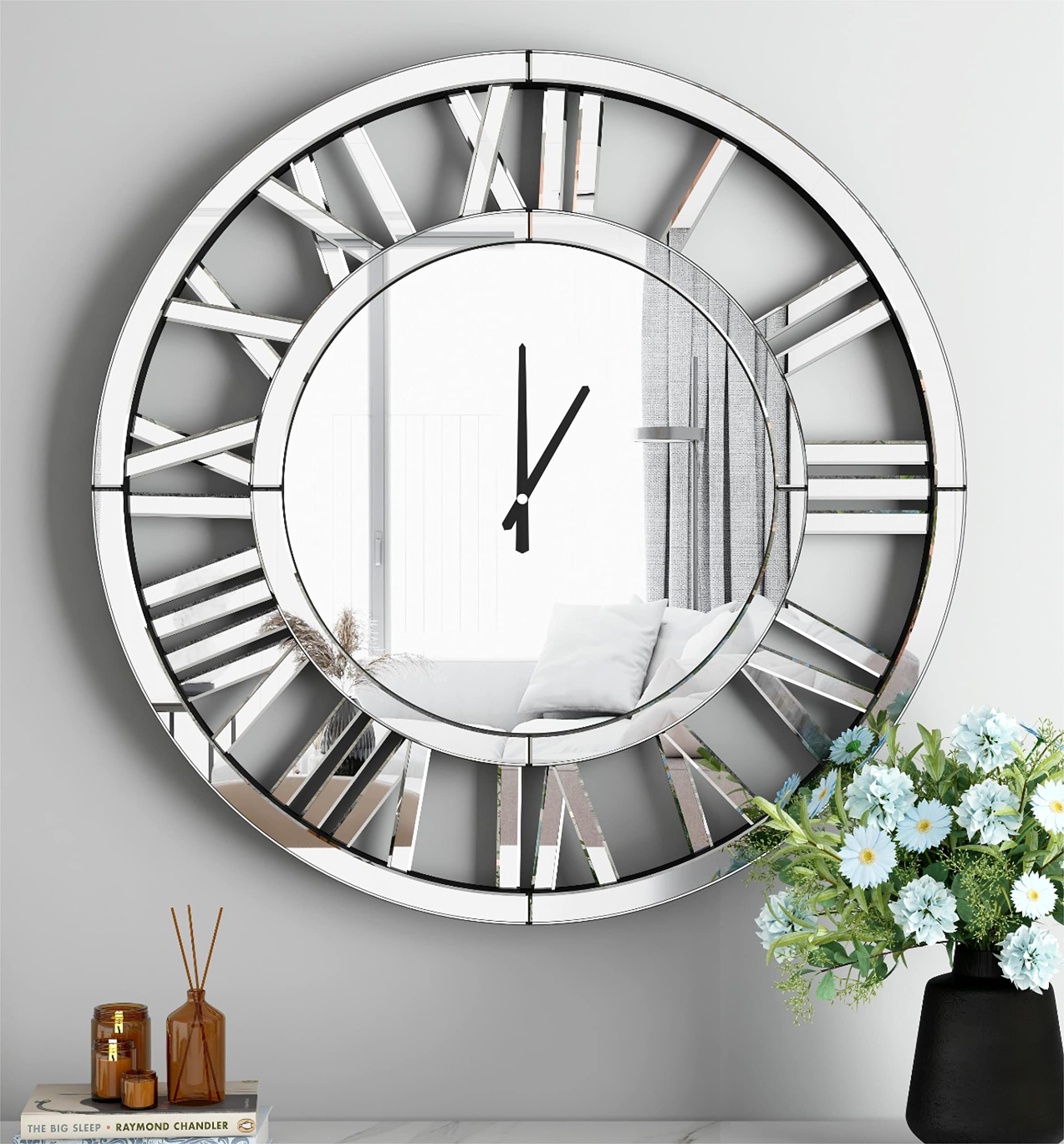 SHYFOY 18 Inch Silver Modern Acrylic Mirrored Wall Clock with Moving Gears - Decorative Living Room & Office Clock for Home Decor | Perfect for Bedroom, Kitchen, Dining Area