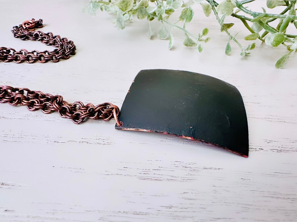 Vintage Artisan Metal Necklace - Square Orange Black and White Copper Pendant with 18