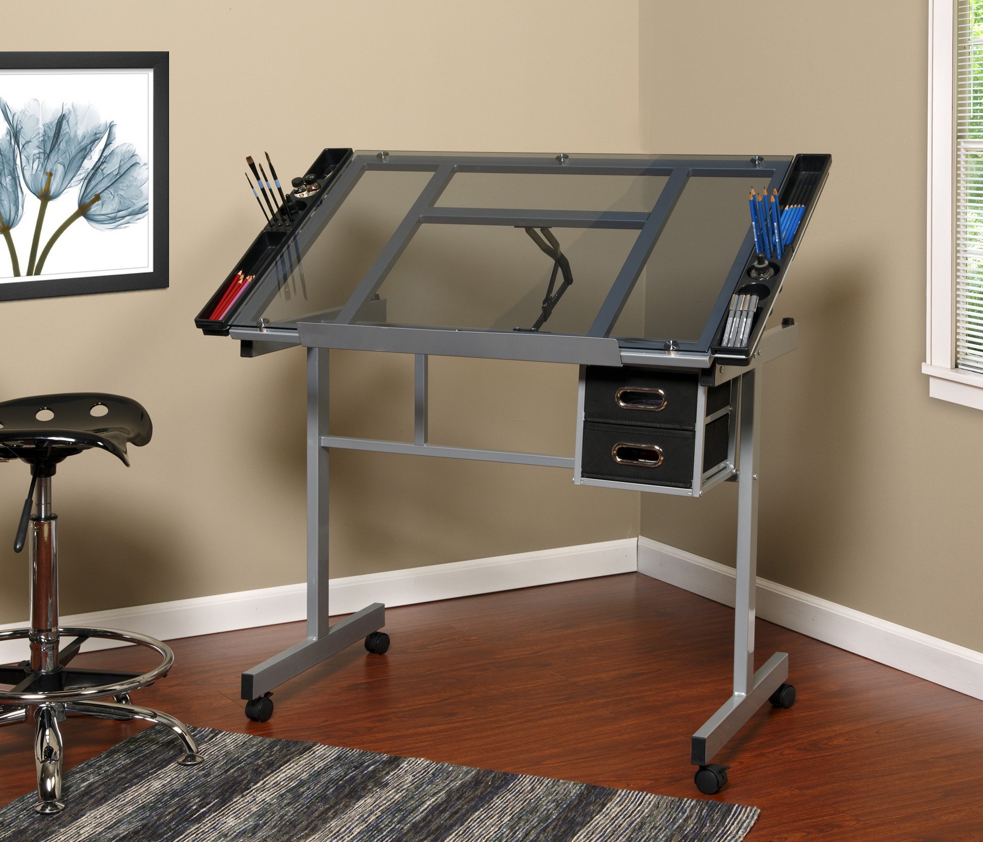 OneSpace Craft Station with Blue Glass Drafting & Silver Accents - Perfect for DIY Projects, Scrapbooking & Home Office Organization