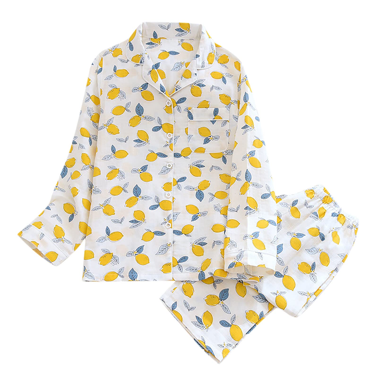 APIVOE Women's Soft Long Sleeve Button Down Pajama Set - Lemon Print Sleepshirt & Pants 2-Piece Lounge Sleepwear for Cozy Nights & Relaxing at Home