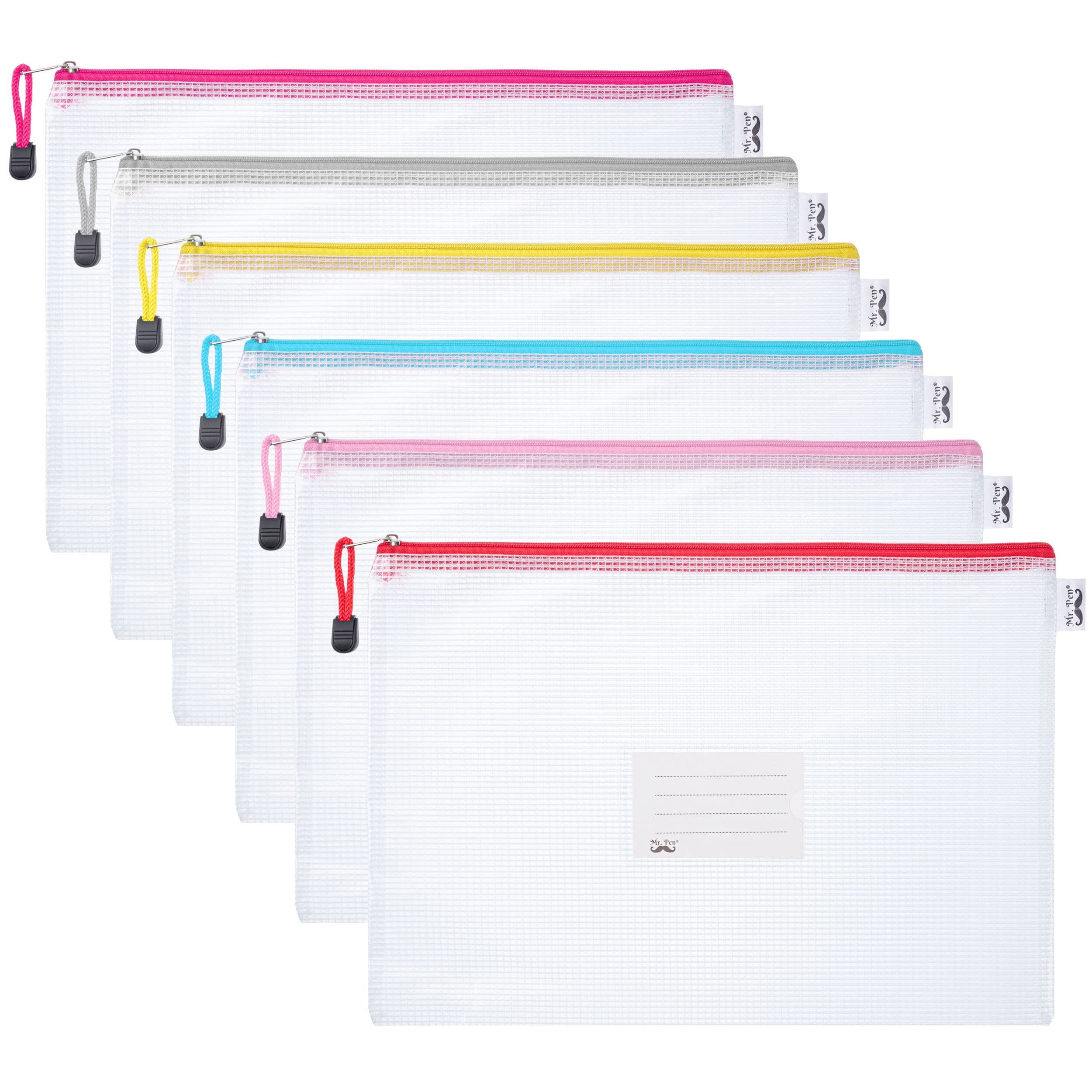 Mr. Pen Mesh Zipper Pouch 6 Pack - A4 Letter Size Clear Multicolor File Organizer Bags for Office School Travel Storage | Perfect for Documents, Art Supplies & Toiletries Organization