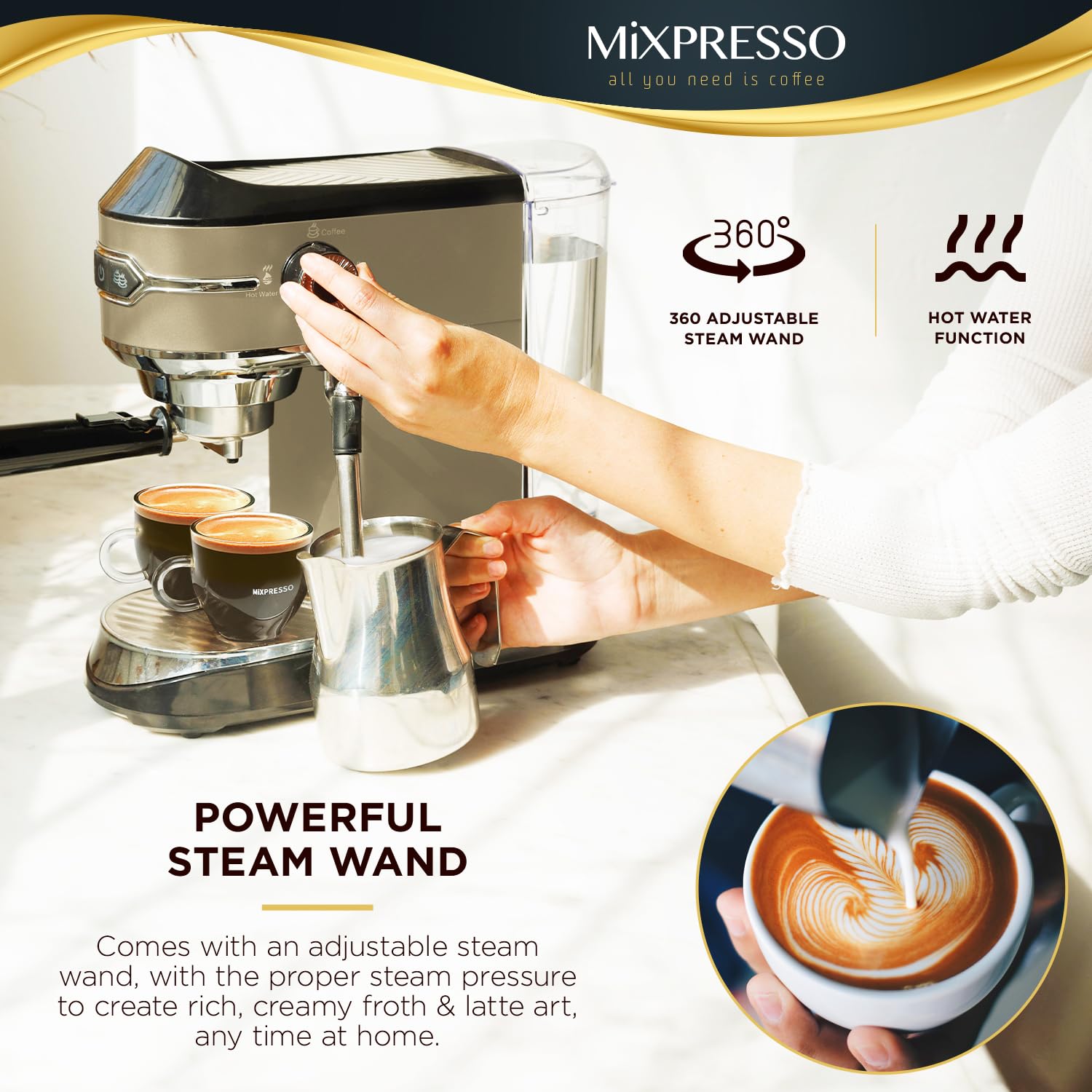 Mixpresso Professional 15 Bar Espresso Machine with Milk Frother - Fast Heating 1450W, 37Oz Water Tank - Perfect for Home Baristas, Cappuccino & Latte Maker - Ideal for Morning Coffee, Entertaining Guests & Coffee Shops