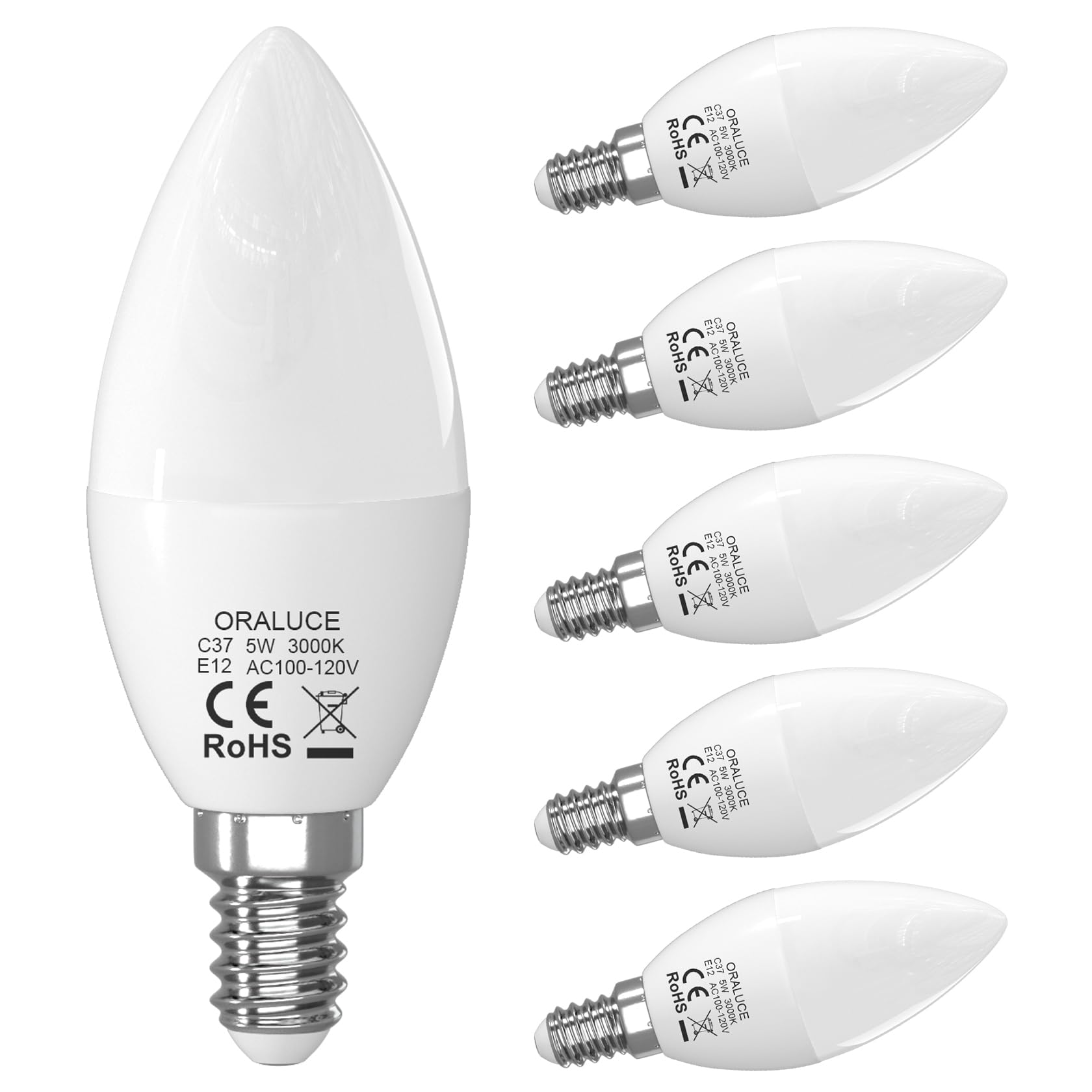 ORALUCE E12 LED Candelabra Light Bulbs - 40W Equivalent, 3000K Warm White, Non-Dimmable, 5W 450LM, Type B Chandelier Bulbs for Ceiling Fan, Chandelier, Sconce & Night Light (6 Pack) - Perfect for Bedroom, Living Room & Dining Room Lighting