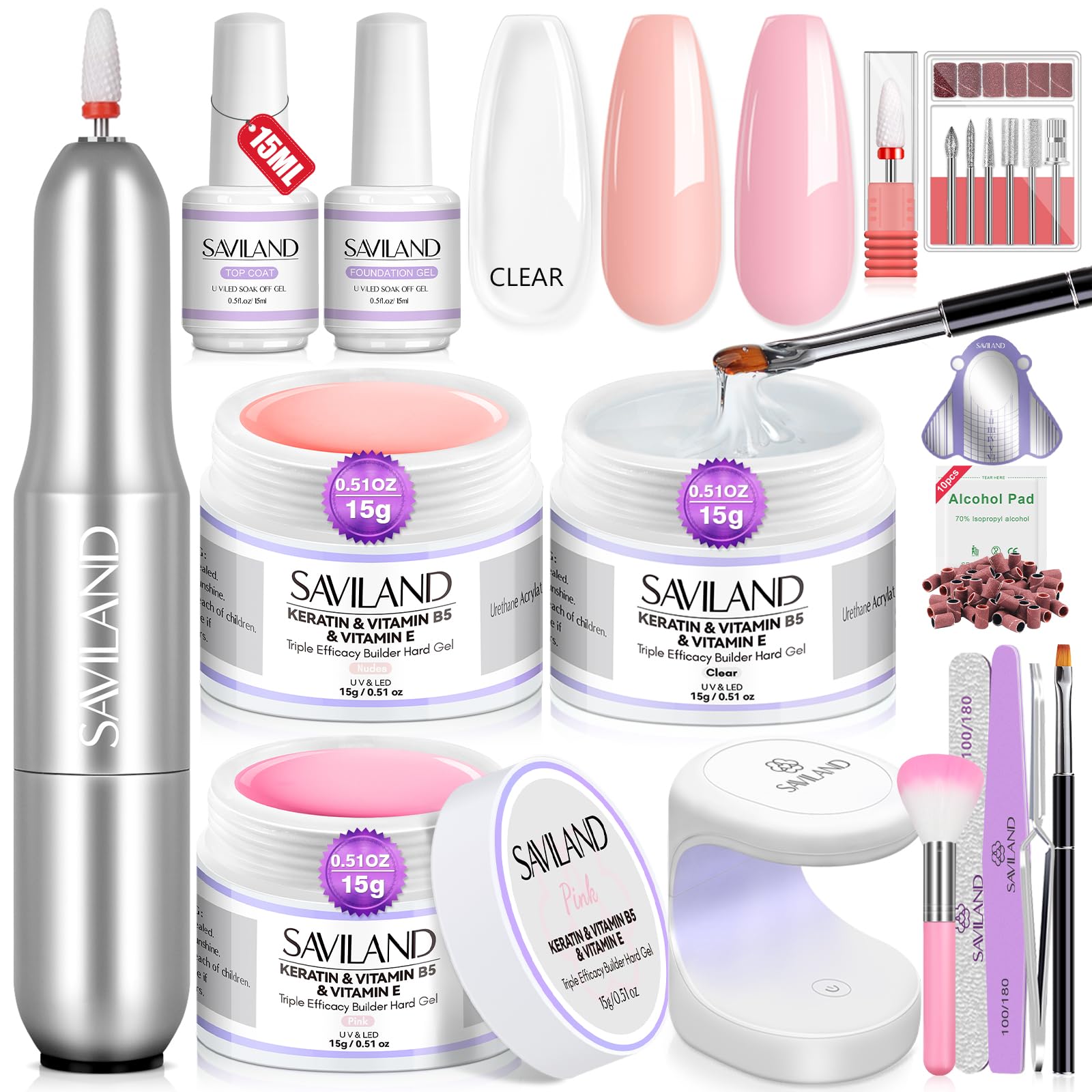 SAVILAND 3Pcs Hard Gel Nail Set - VE, VB5 & Kerain for Home Salon DIY
