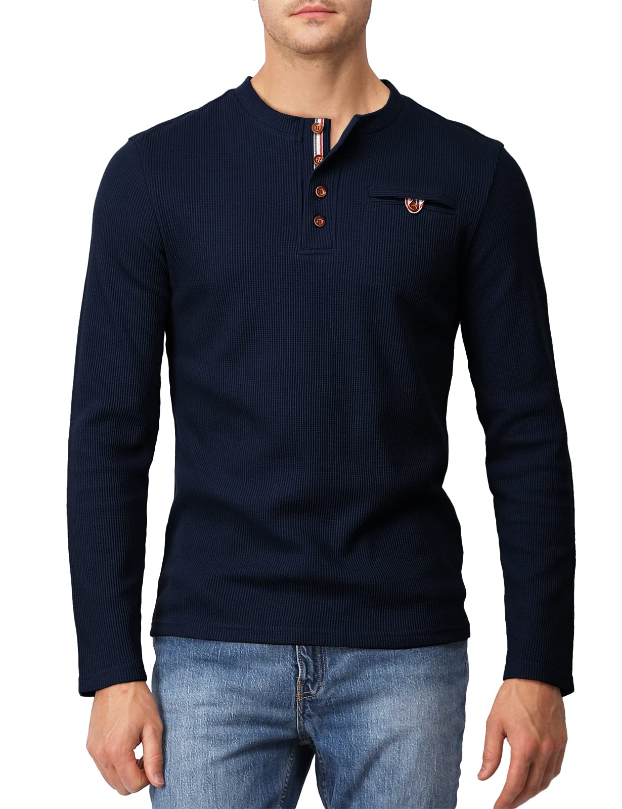 Men's Slim Fit Henley Shirt - Long Sleeve Cotton Waffle Knit Casual Shirt for Men | Lightweight Breathable Top for Everyday Wear, Date Night & Outdoor Activities