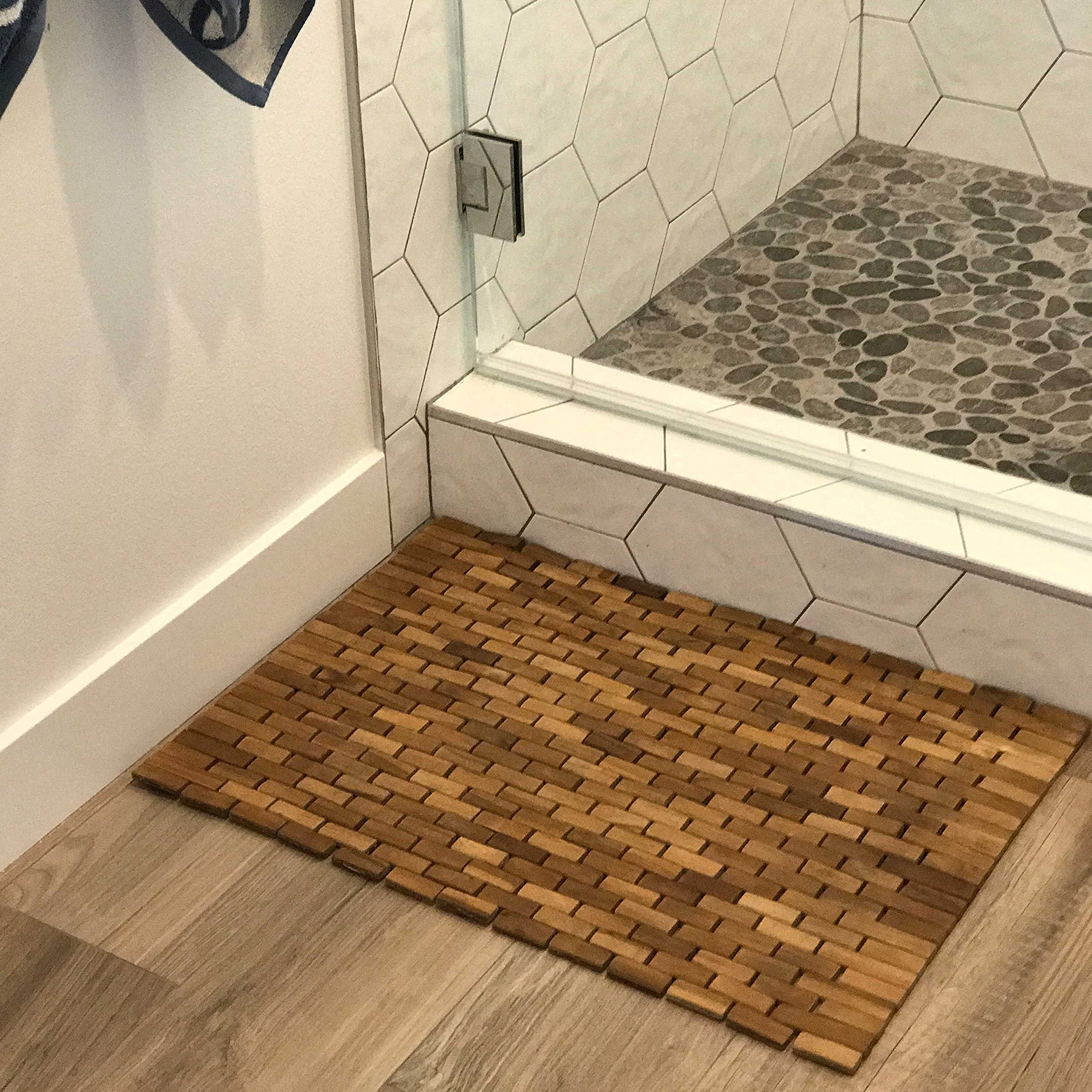 Premium Teak Wood Bath & Shower Mat - Natural Water-Resistant Indoor/Outdoor Bathroom Floor Mat for Spa, Poolside & Patio Use
