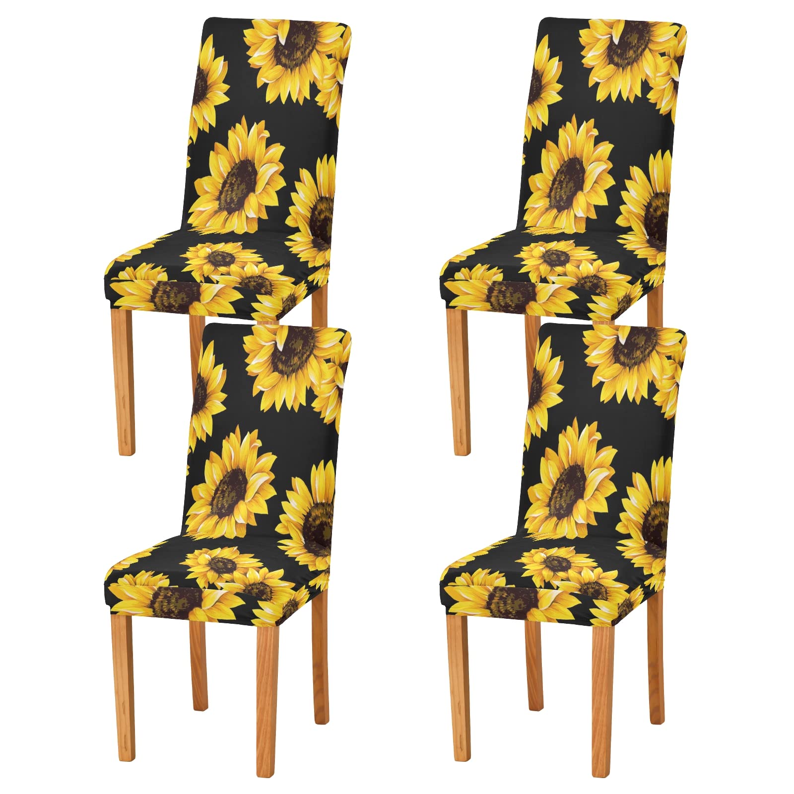 Black Sunflower Washable & Removable Dining Chair Covers - 4PCS Set for Home, Restaurant, Hotel, Wedding & Banquet | Spill-Proof & Stylish Seat Protectors for Everyday Use & Special Events