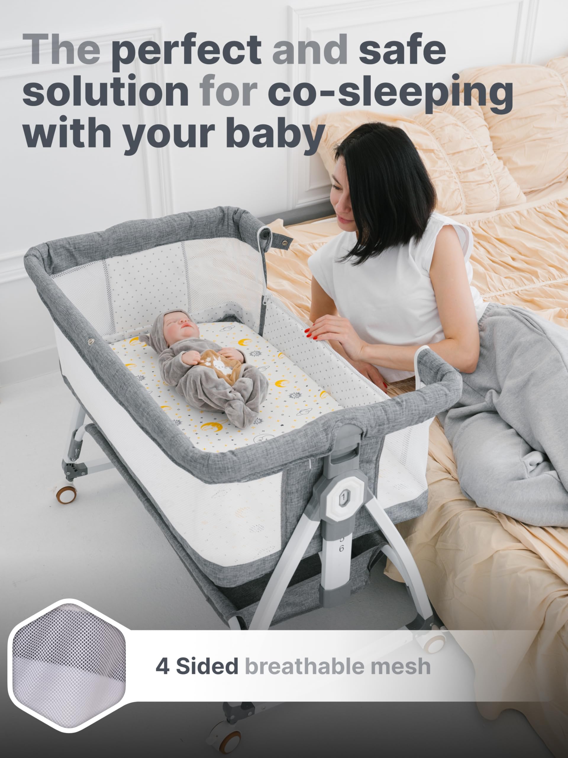 Earth&ME Portable Baby Bassinet Bedside Sleeper with Rocking Motion - Breathable Mesh Crib for Safe Co-Sleeping, Adjustable Height, Storage Basket & Wheels - Includes Travel Bag & Mosquito Net - Perfect for Nursery, Bedroom & Travel Use