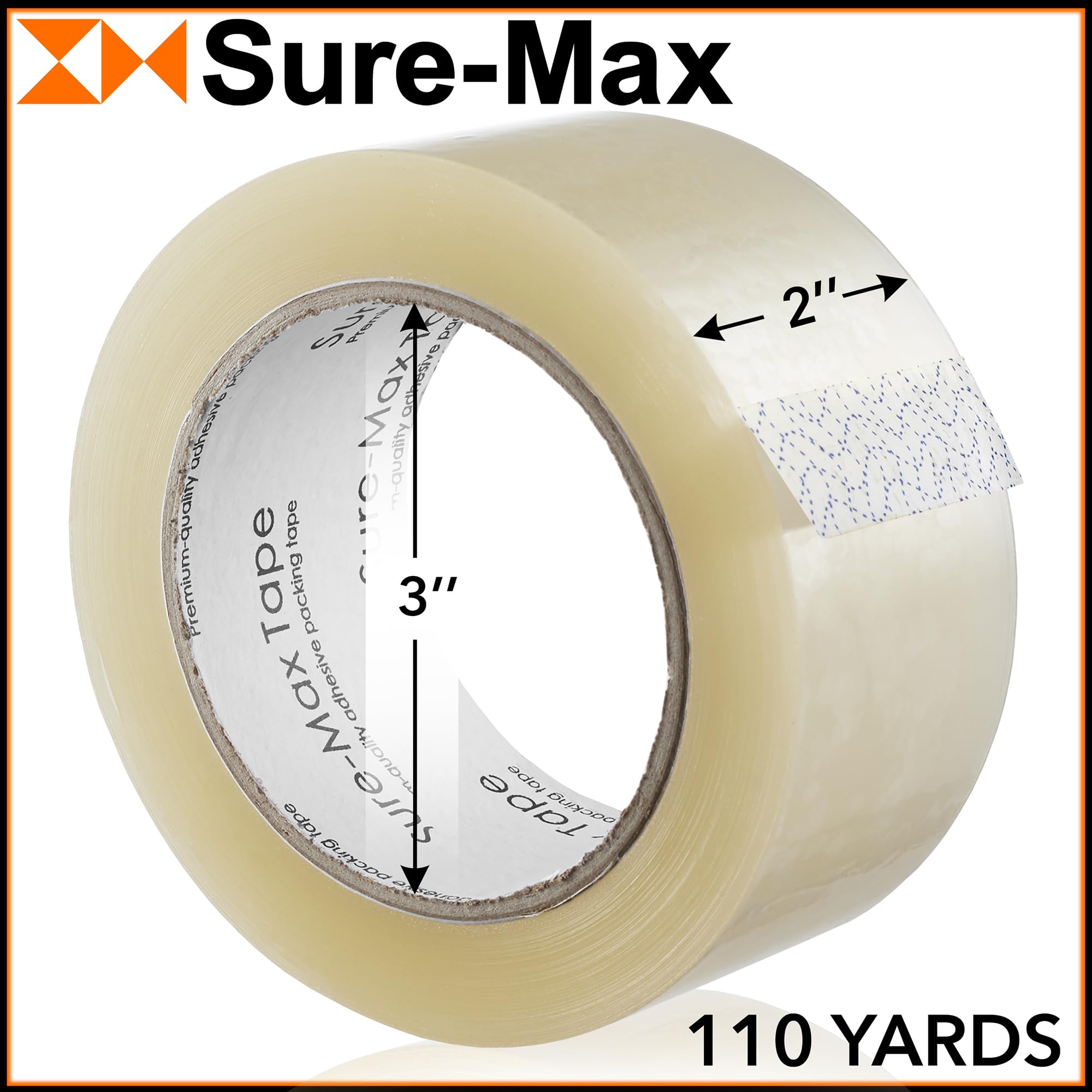 Sure-Max Premium Carton Packing Tape 2.0 mil 330 Feet (110 Yards) - Clear Heavy Duty Shipping Tape for Moving, Packing Boxes, Sealing Packages - 4 Cases (144 Rolls Total) - Ideal for Home, Office & Warehouse Use