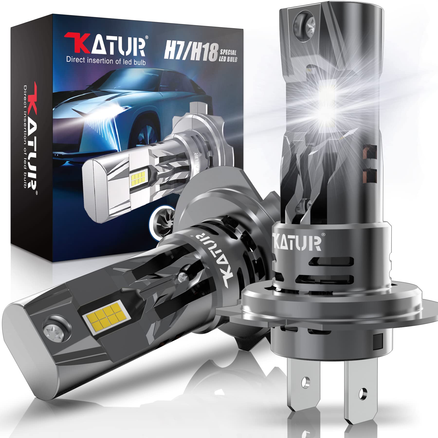 KATUR H7 LED Headlight Bulbs - 80W 16000LM 6000K Xenon White Wireless Car Conversion Kit, Mini Size Plug and Play Halogen Replacement Bulb, Pack of 2 - Perfect for Night Driving, Foggy Conditions & Off-Road Adventures