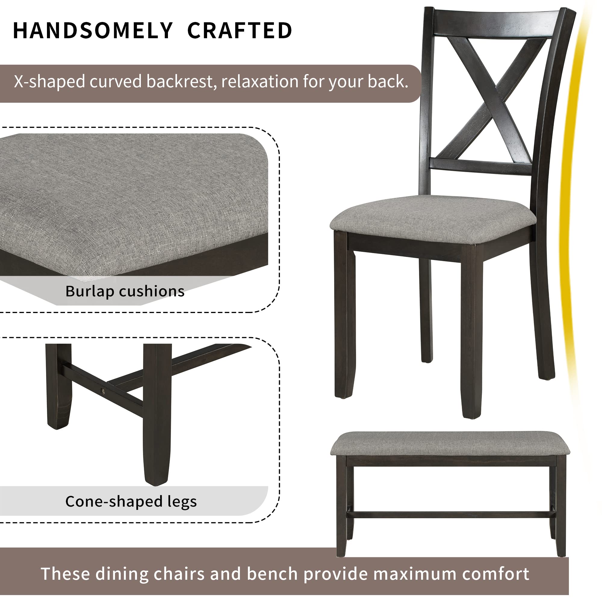 LZ LEISURE ZONE 6-Piece Dining Table Set with Bench - Kitchen & Dining Room Furniture in Espresso & Grey - Perfect for Home, Restaurant, and Small Space Entertaining