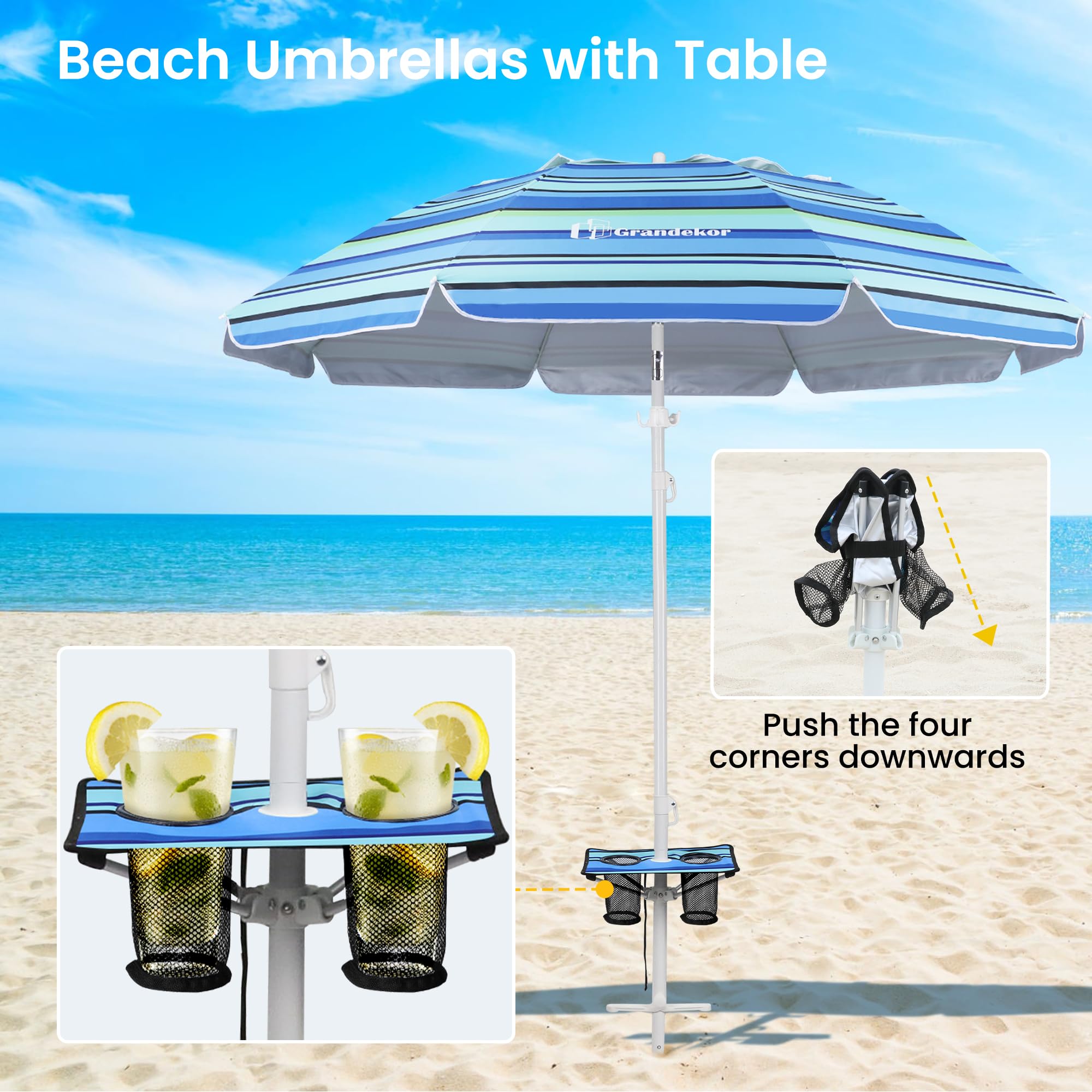 Grandekor 7FT Heavy Duty Windproof Beach Umbrella with Sand Anchor - Portable UV 50+ Sun Shade with Carry Bag & Side Table - Perfect for Beach, Pool, Backyard, and Outdoor Travel Adventures