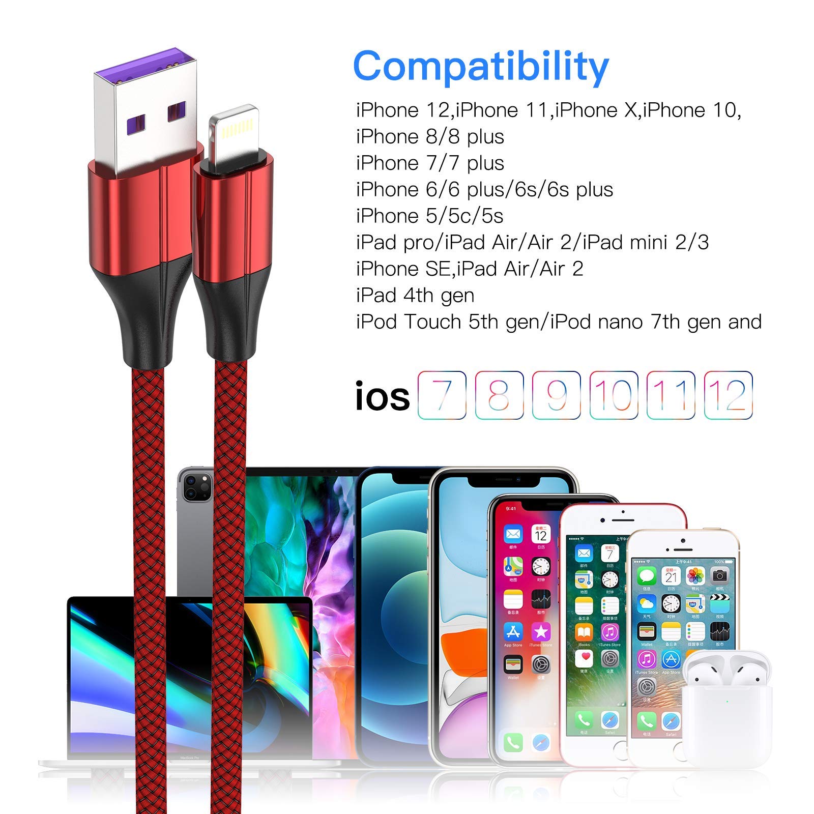 FEEL2NICE MFi Certified iPhone Charger Cable (3 Pack, 3M) - Durable Nylon Braided Lightning Cable, Fast Charging USB Cable for iPhone 13/12/11/X/8/7 - Perfect for Home, Office & Travel Use