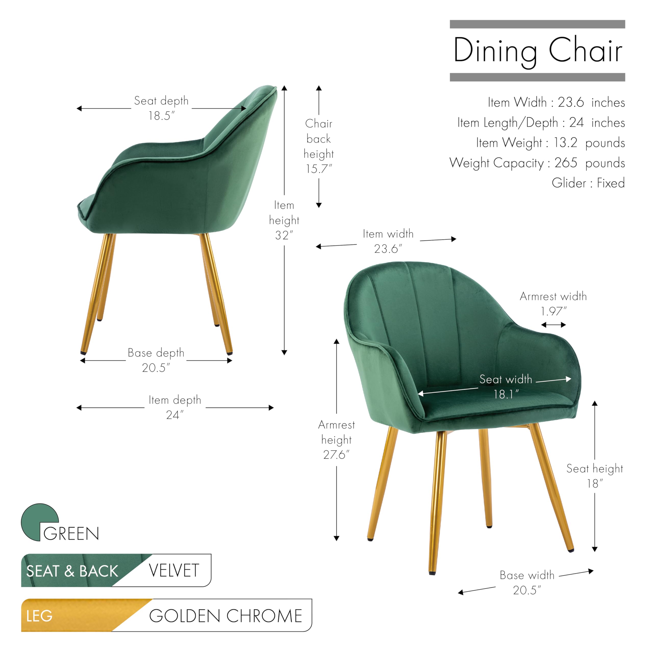 Porthos Home Yari Velvet Dining Chair with Gold Chrome Legs – Compact Modern Design for Dining Room & Kitchen – Perfect for Small Spaces, Breakfast Nooks & Apartment Living