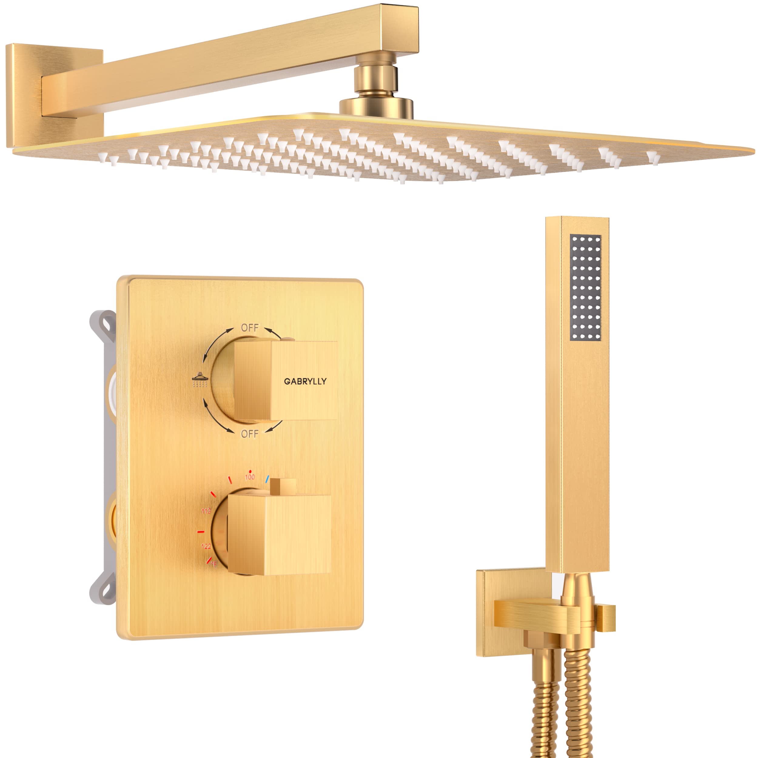 Gabrylly Thermostatic Shower System - Complete Bathroom Shower Faucet Set with Rain Shower Head & Handheld Sprayer, Shower Valve with Trim & Diverter in Brushed Gold | Perfect for Modern Bathroom Renovation & Spa-Like Shower Experience