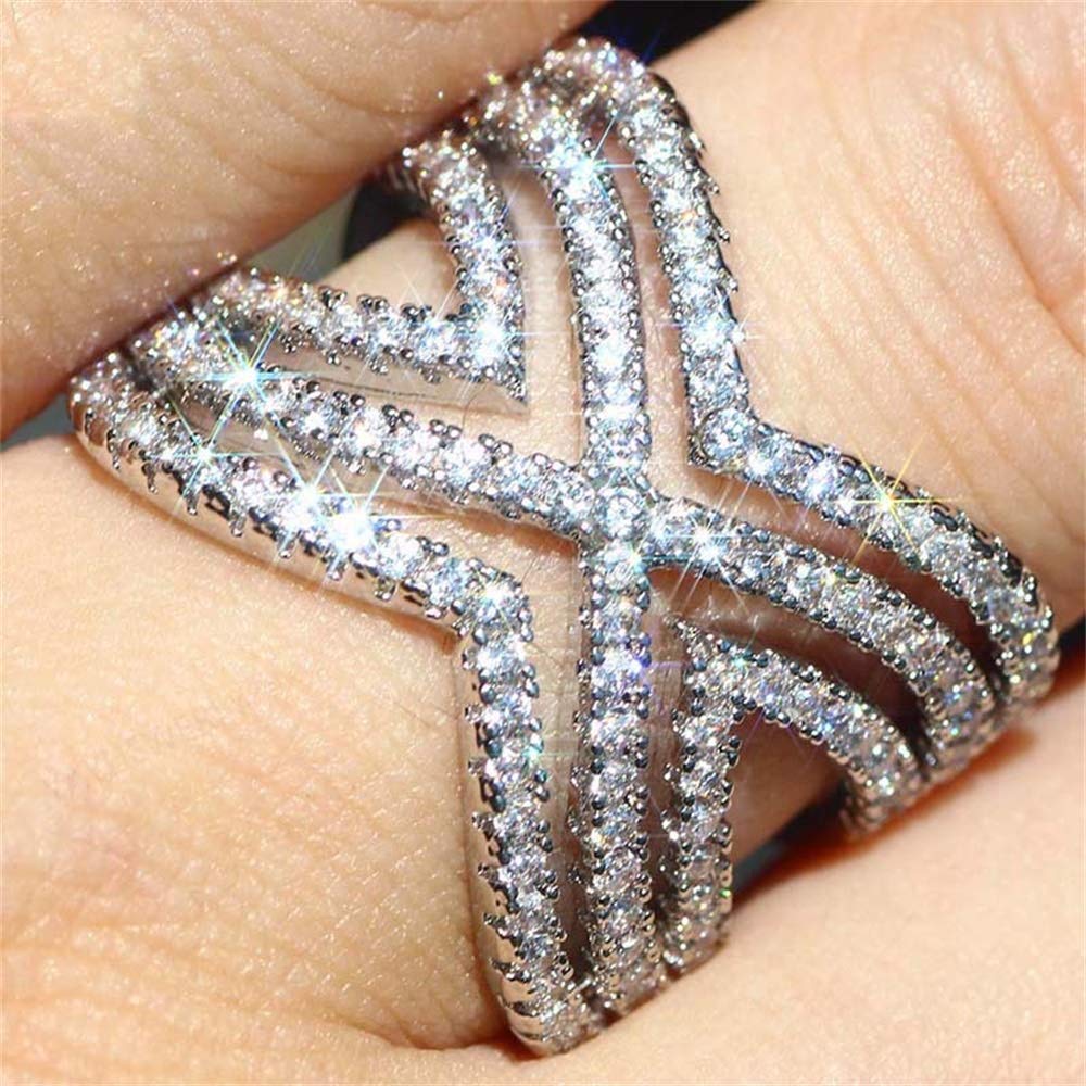 SixTwo 925 Sterling Silver Shiny Full Diamond AAA Cubic Zirconia Rings for Women - Multi Row X Cross Eternity Wedding Band, Engagement & Anniversary Jewelry Gift (Perfect for Bridal, Prom, Date Night & Special Occasions)