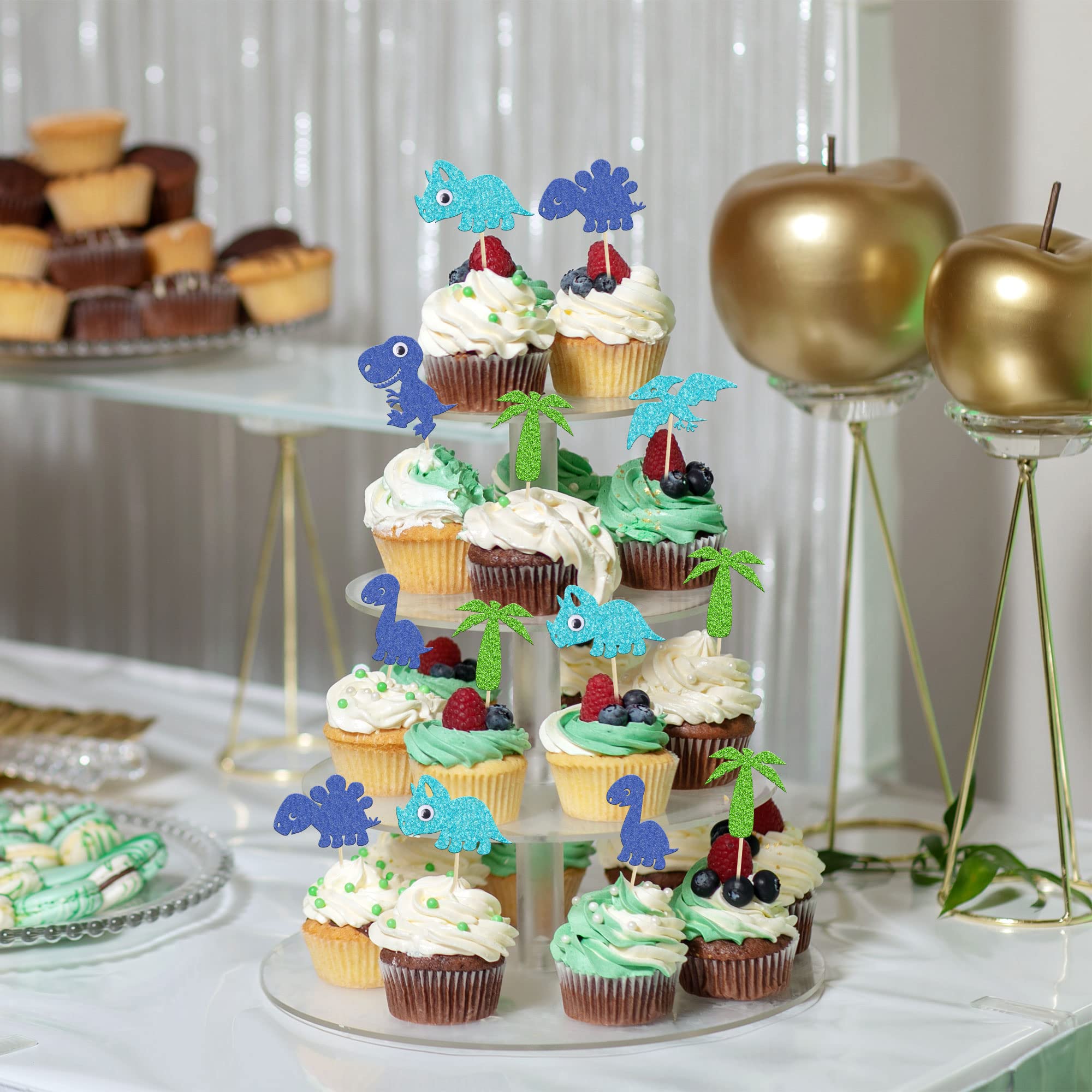 24Pcs Blue Glitter Dinosaur Cupcake Toppers - Cute Baby Shower & Birthday Party Decorations - Dinosaur Cake Toppers for Kids Birthday, Baby Shower, Dinosaur Theme Party Supplies (Perfect for Cake Decorating, Cupcake Picks, Party Favors)