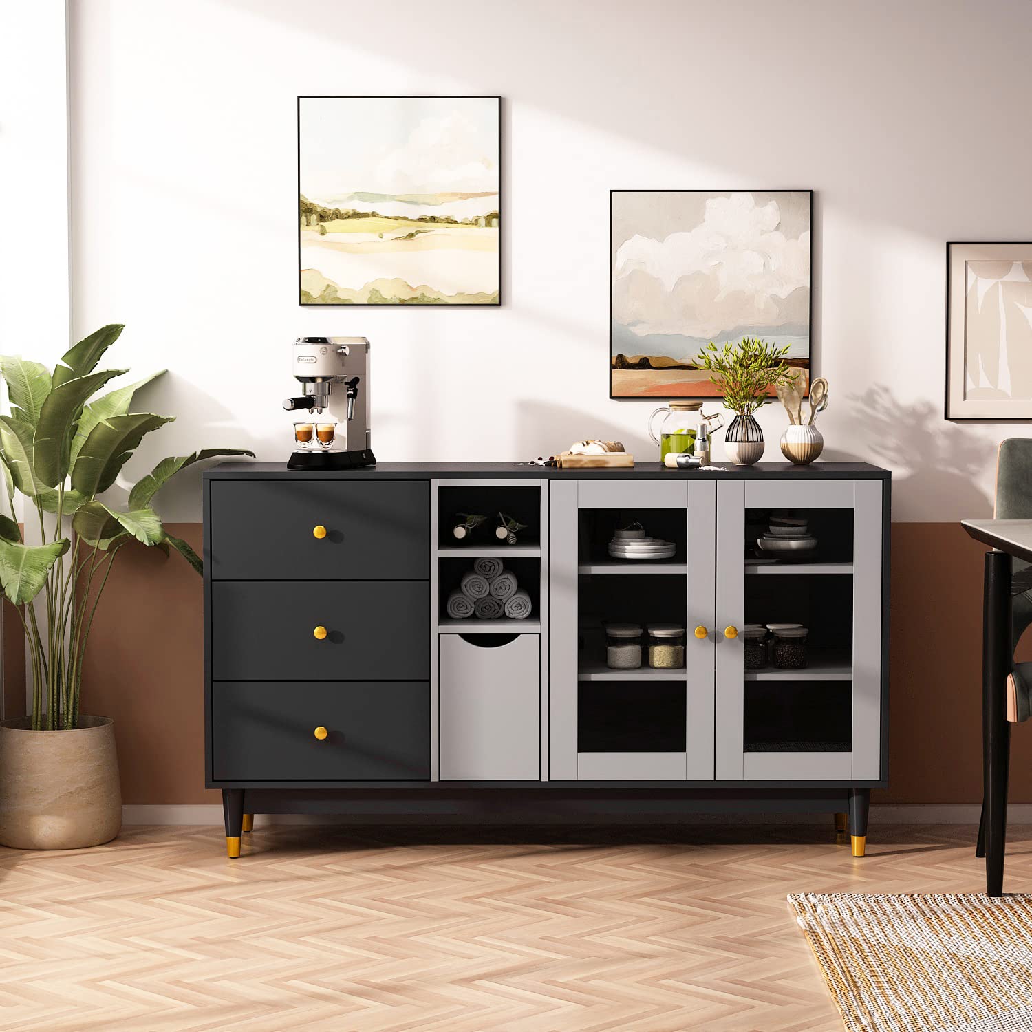 Modern Sideboard Buffet Cabinet with Glass Doors & Drawers - 55.1