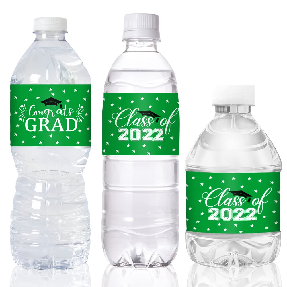 24pcs Waterproof Graduation Party Water Bottle Labels - Class of 2022 Green Stickers for High School & College Celebrations - Perfect for Graduation Favors, Decorations & Party Supplies