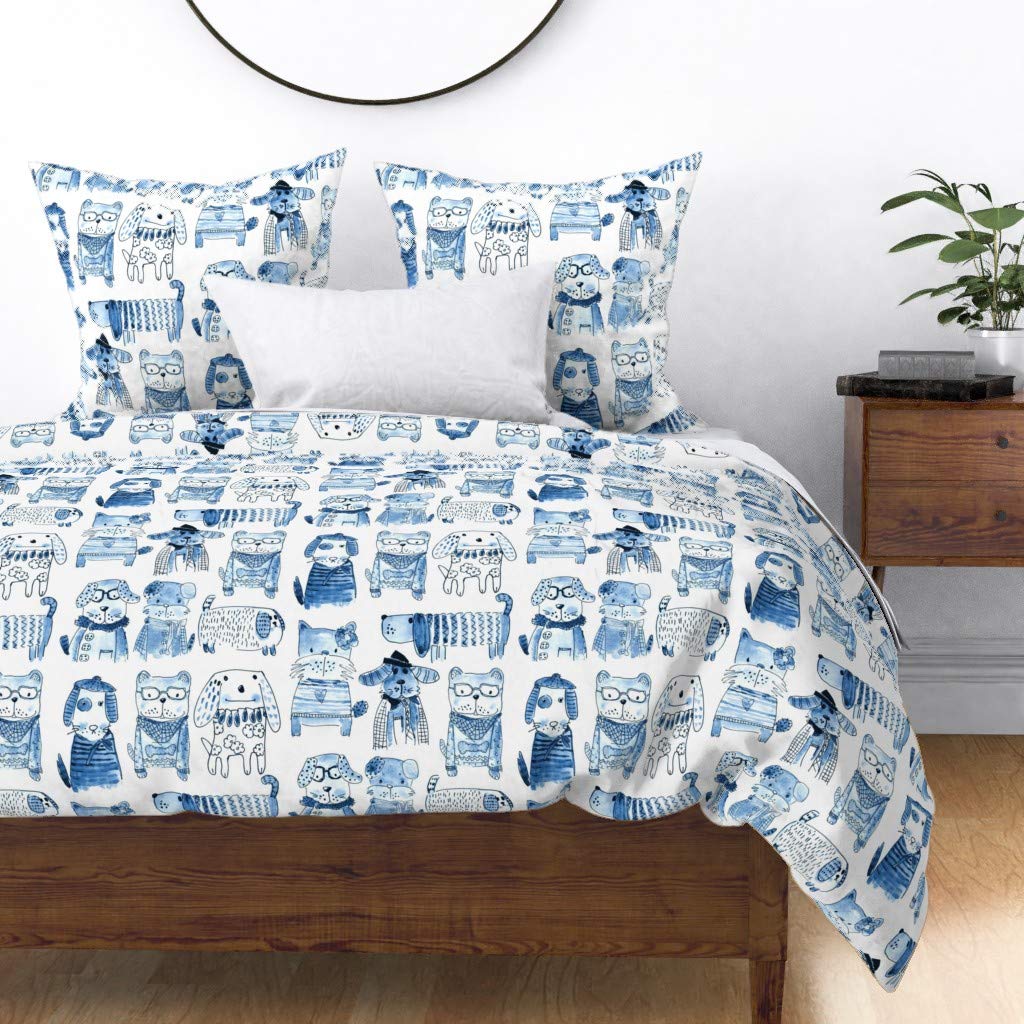 Premium Cotton Sateen Duvet Cover King/California King - Stylish Monochrome Dog Illustrations with Jazz Blues Theme | Gender Neutral Watercolor Animal Print Bedding for Modern Home Decor | Perfect for Master Bedrooms, Guest Rooms & Pet Lovers