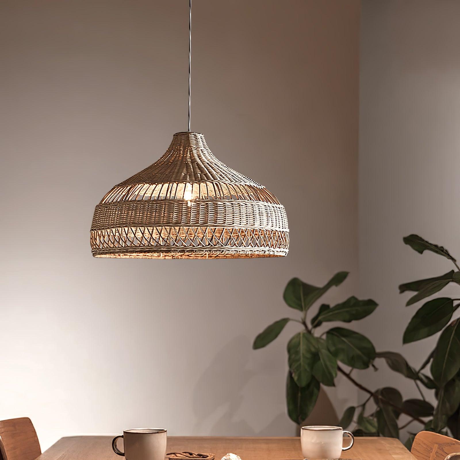 Handwoven Rattan Dome Pendant Light - Boho Chic Ceiling Fixture for Living Room, Bedroom & Dining Area