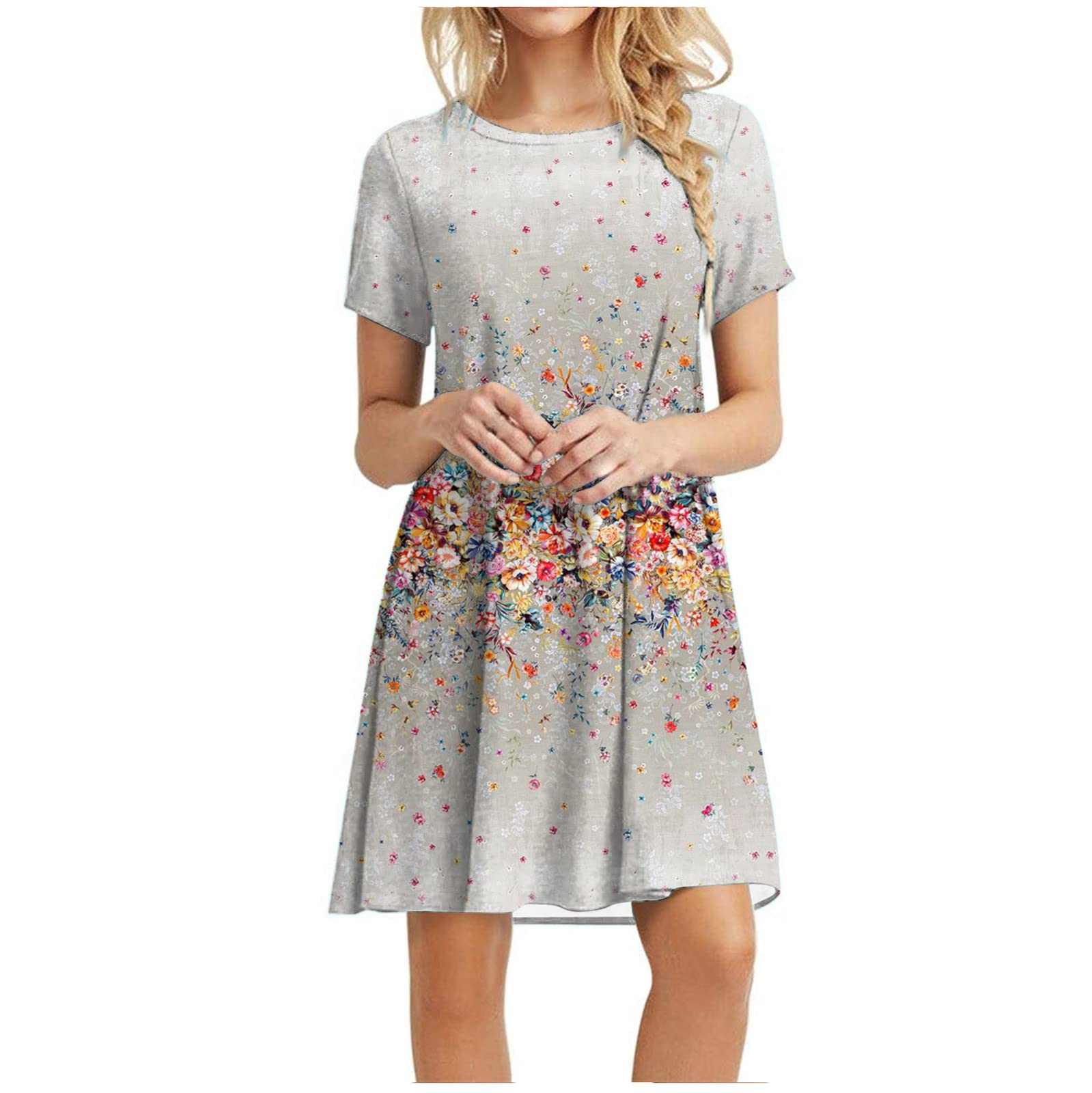 Women's Floral Print T-Shirt Dress - Summer Round Neck Short Sleeve Loose Mini Sundress - Casual Tunic Shift Dress for Beach, Vacation & Everyday Wear